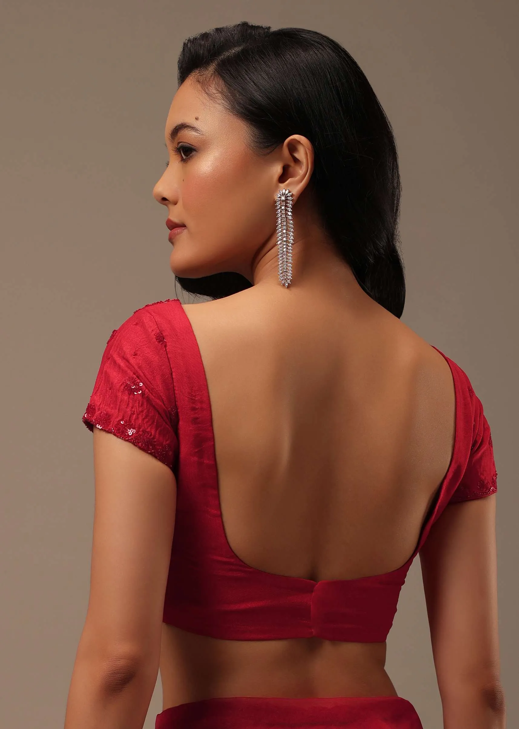 Cherry Red Organza Saree With Cut Dana And Sequins Work