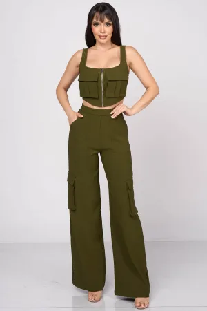 CHIC CARGO ZIPUP CROP TOP & CARGO PANTS SETS