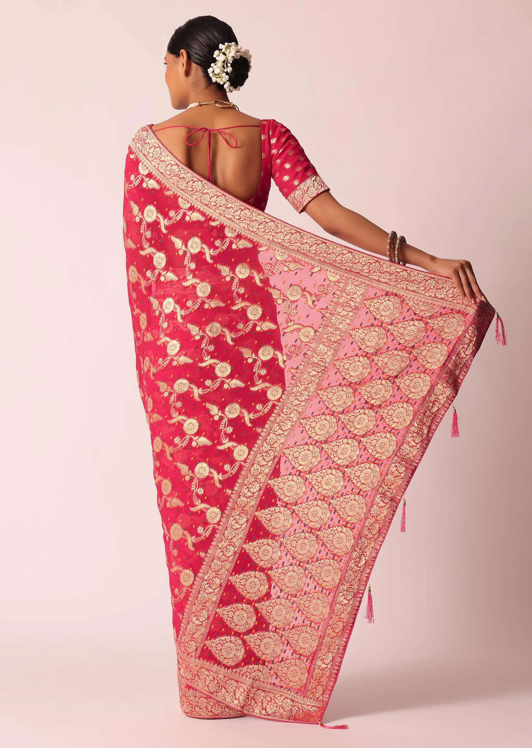 Coral Khaddi Bandhani Saree With Meenakari Detail And Unstitched Blouse Piece