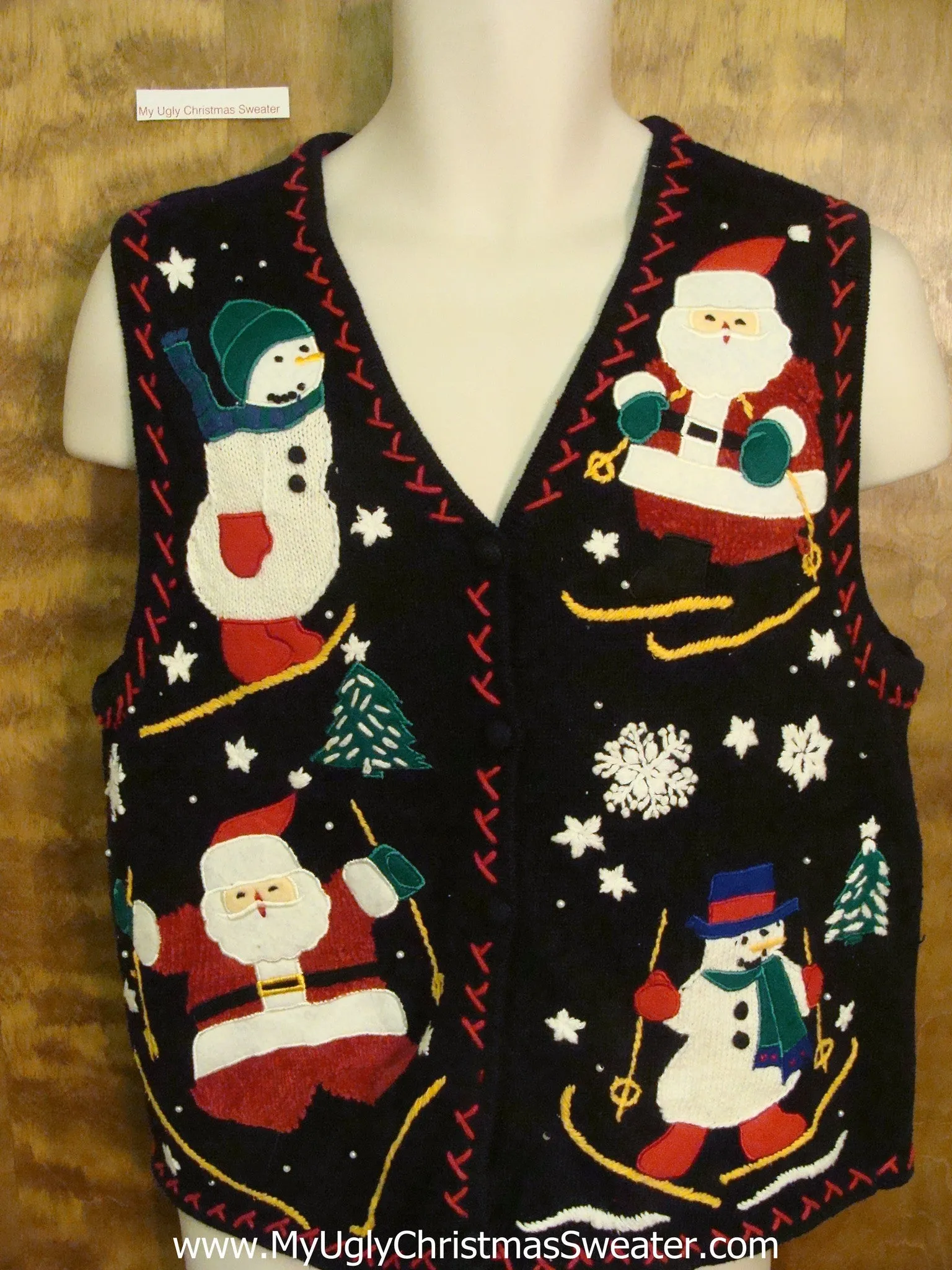 Funny Skiing Santa and Snowmen Ugly Christmas Sweater Vest