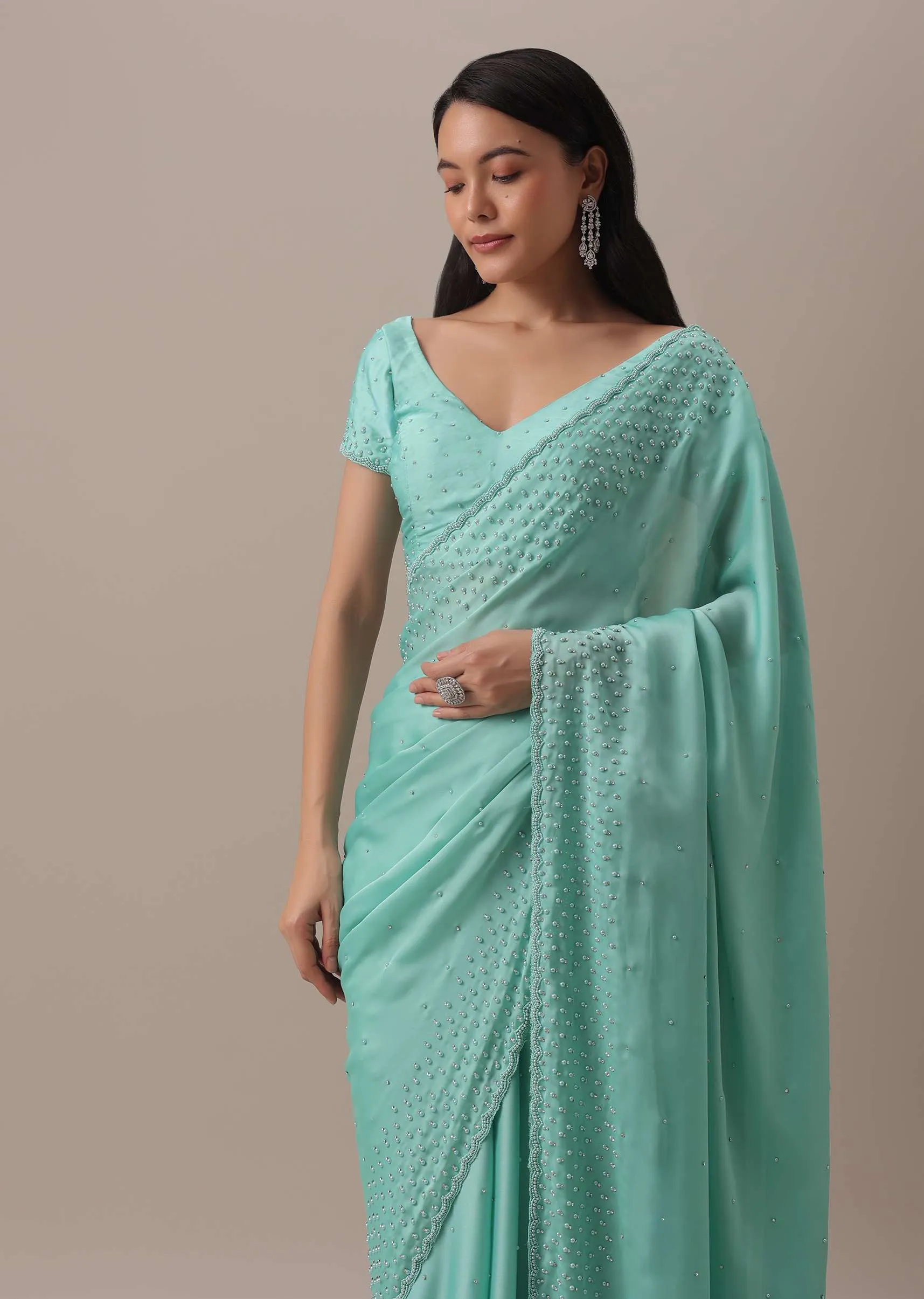 Green Stone And Bead Embellished Saree In Satin