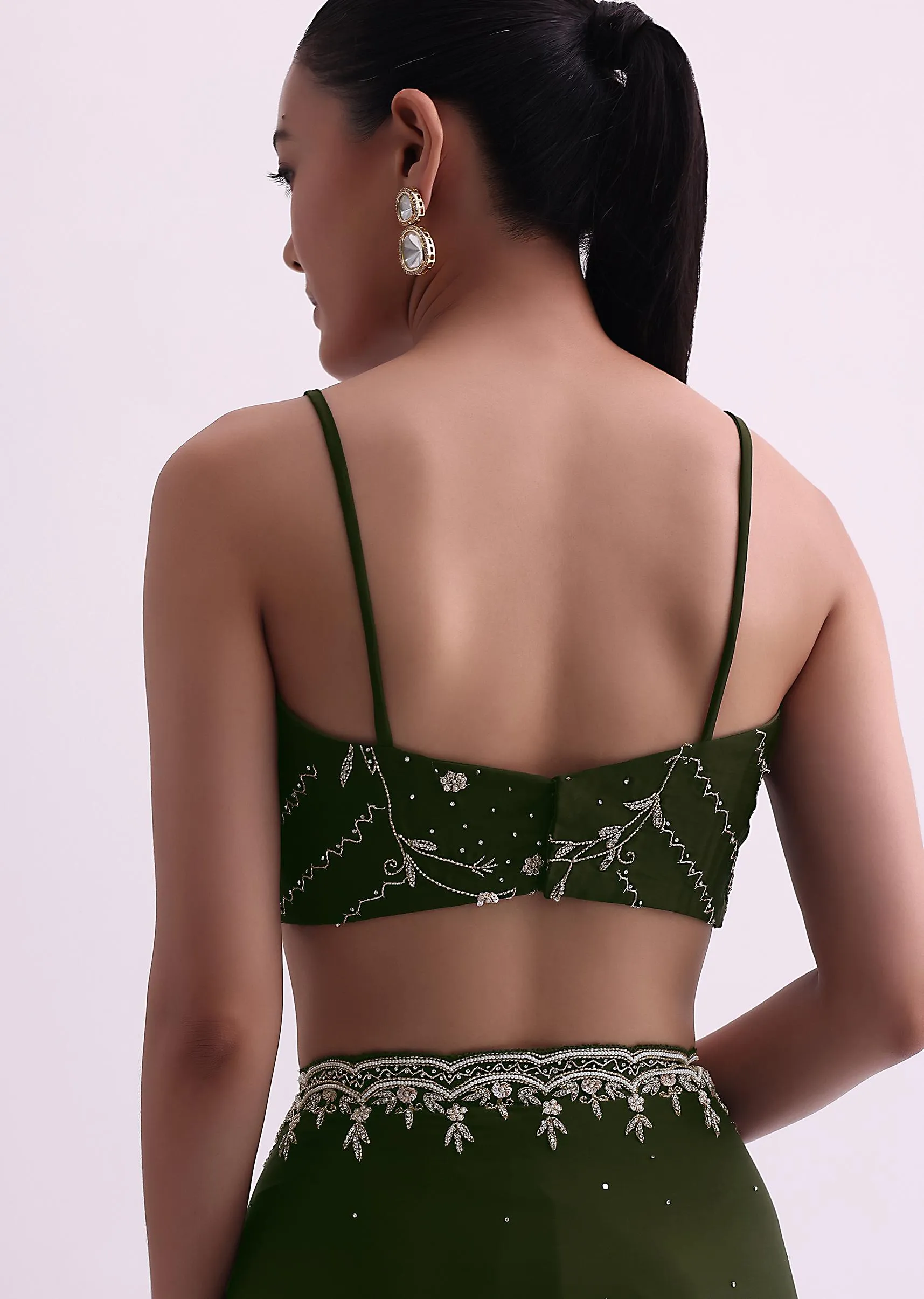 Green Stone Work Satin Saree With Cutdana Border And Unstitched Blouse Fabric