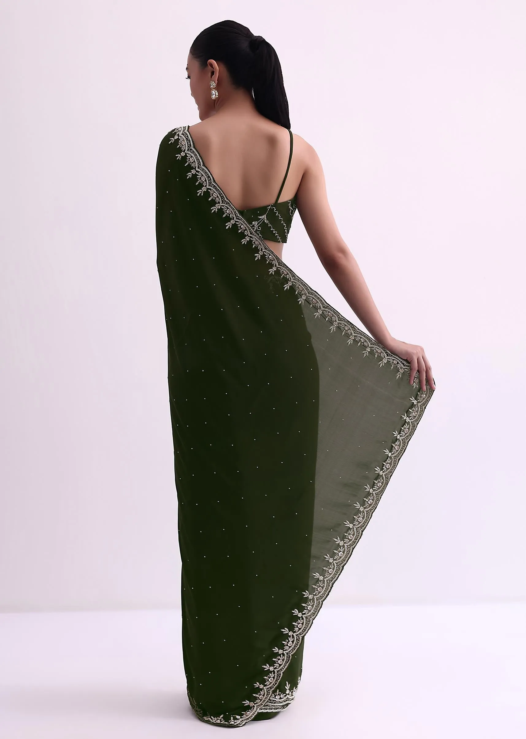 Green Stone Work Satin Saree With Cutdana Border And Unstitched Blouse Fabric