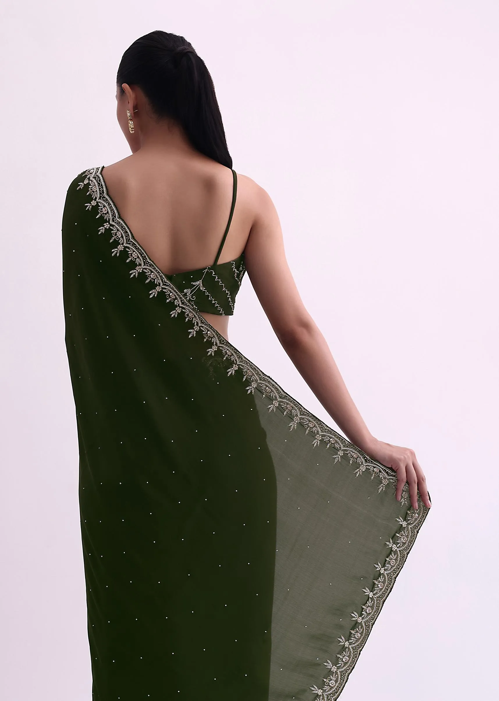 Green Stone Work Satin Saree With Cutdana Border And Unstitched Blouse Fabric