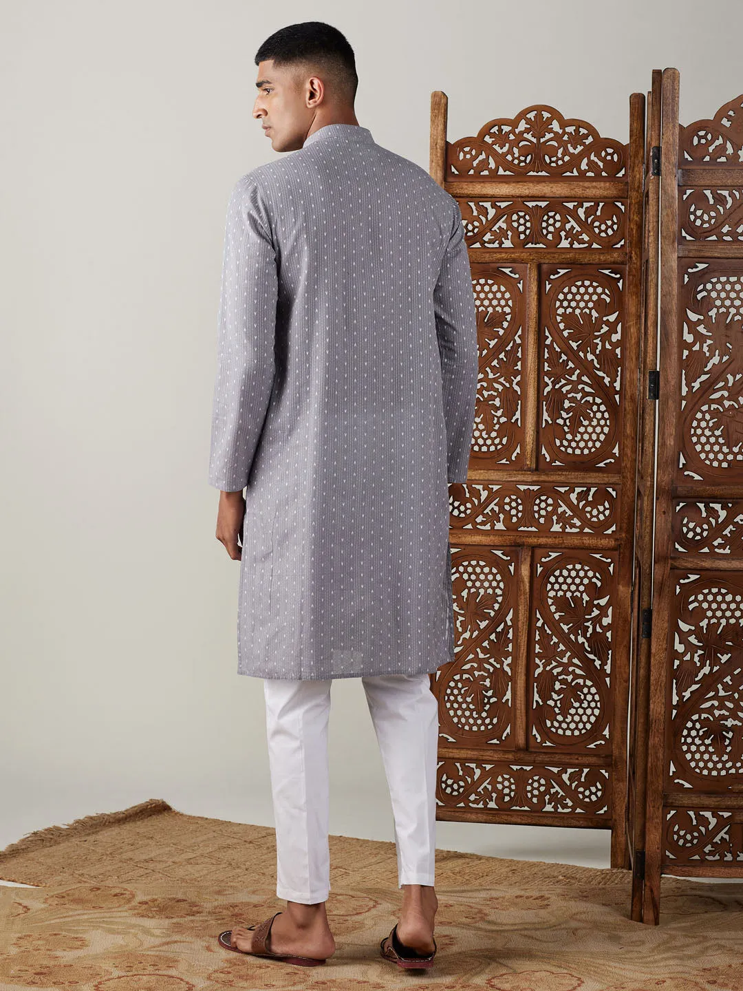 Grey Cotton Jacquard Kurta With White Pant