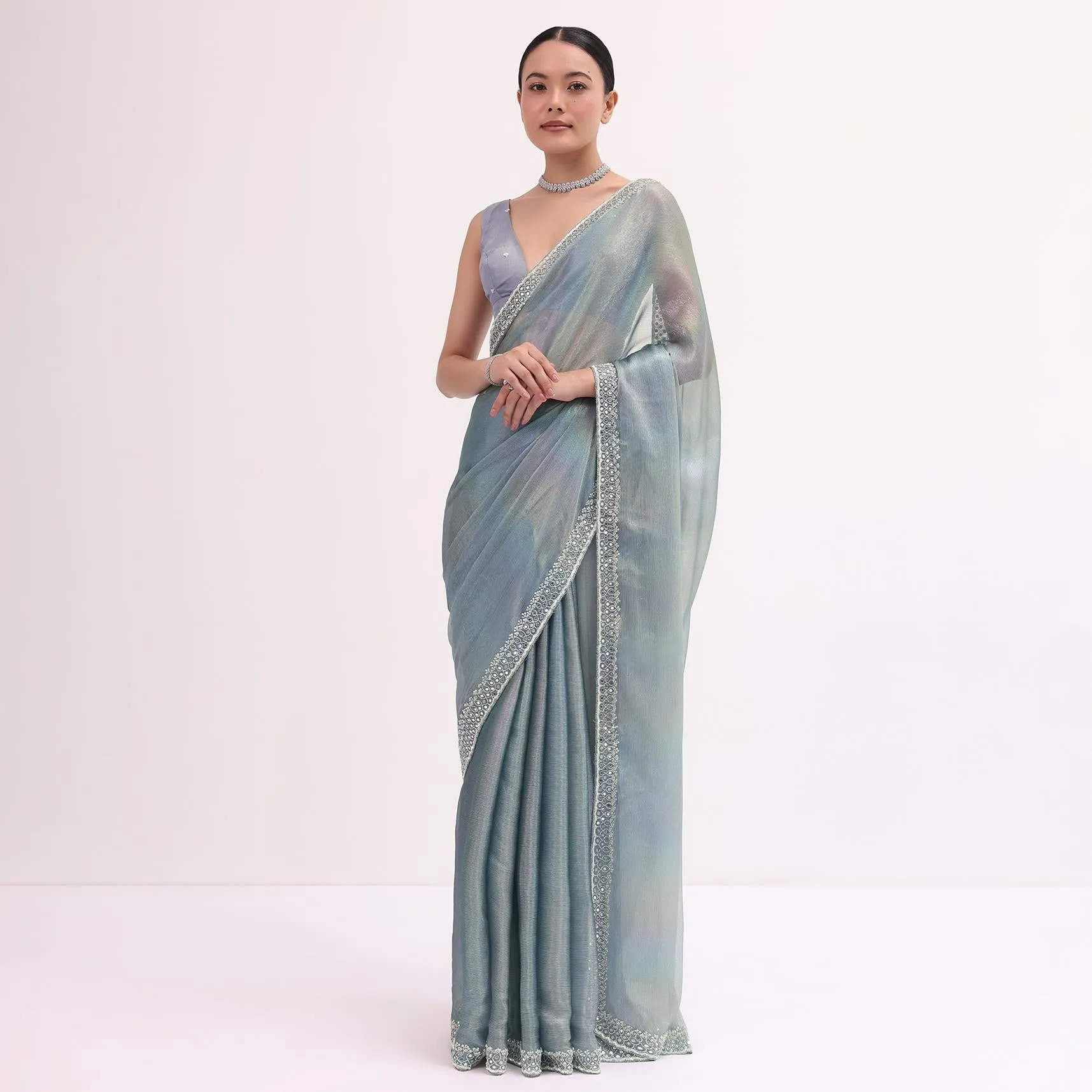 Grey Mirror Embellished Saree WIth Unstitched Blouse
