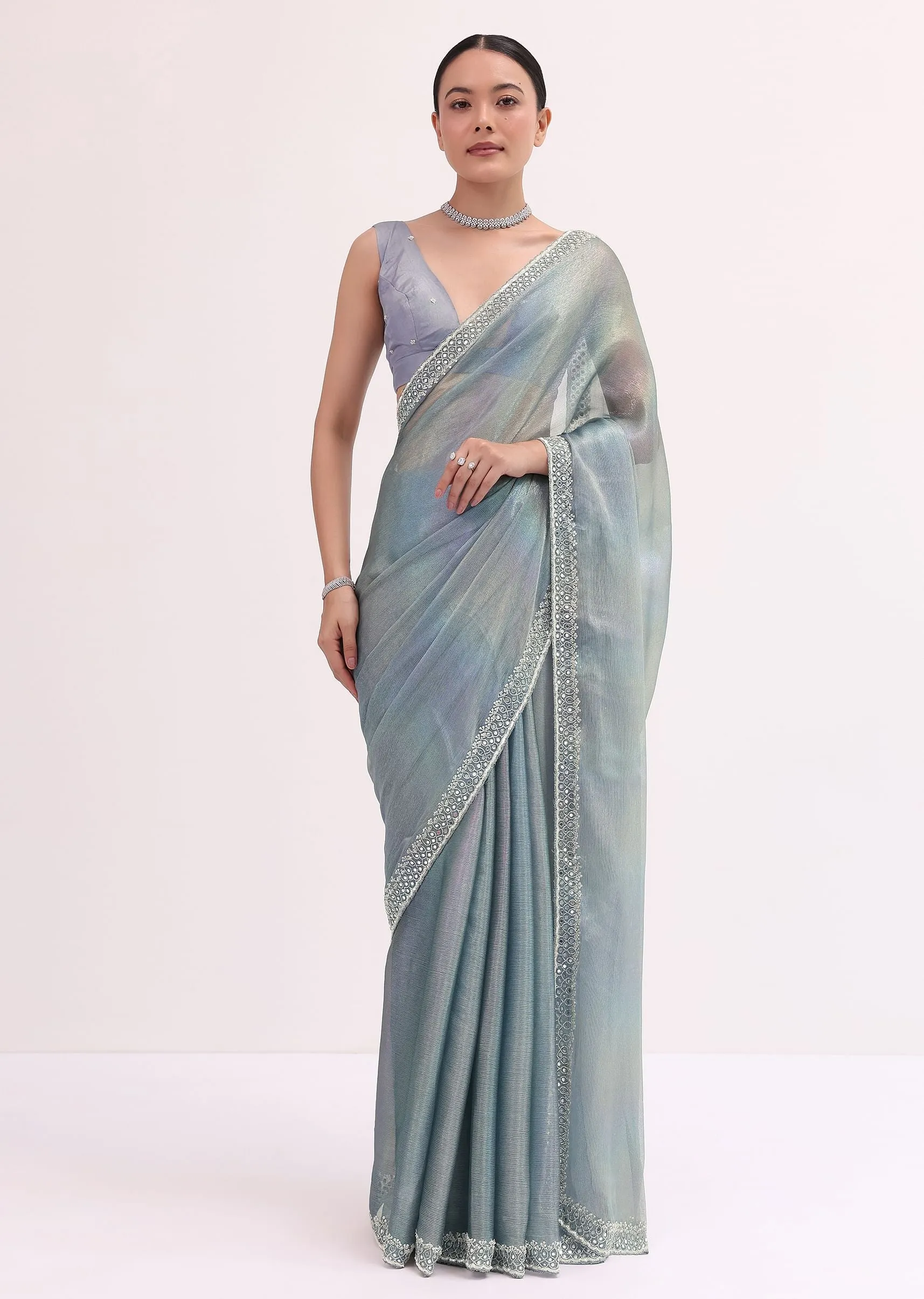 Grey Mirror Embellished Saree WIth Unstitched Blouse