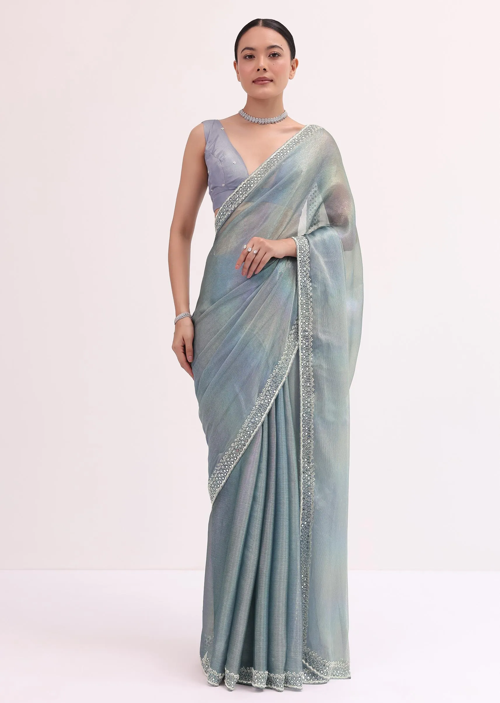 Grey Mirror Embellished Saree WIth Unstitched Blouse