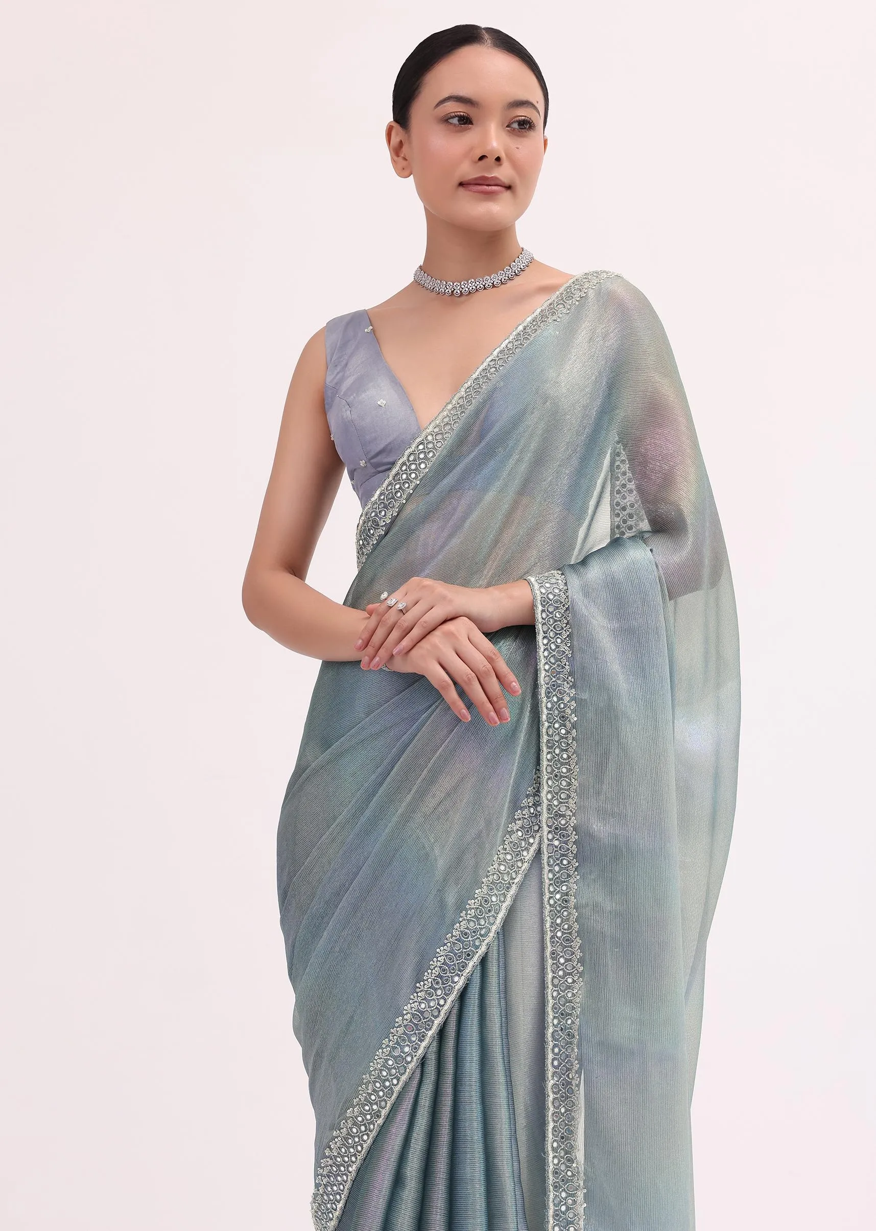 Grey Mirror Embellished Saree WIth Unstitched Blouse