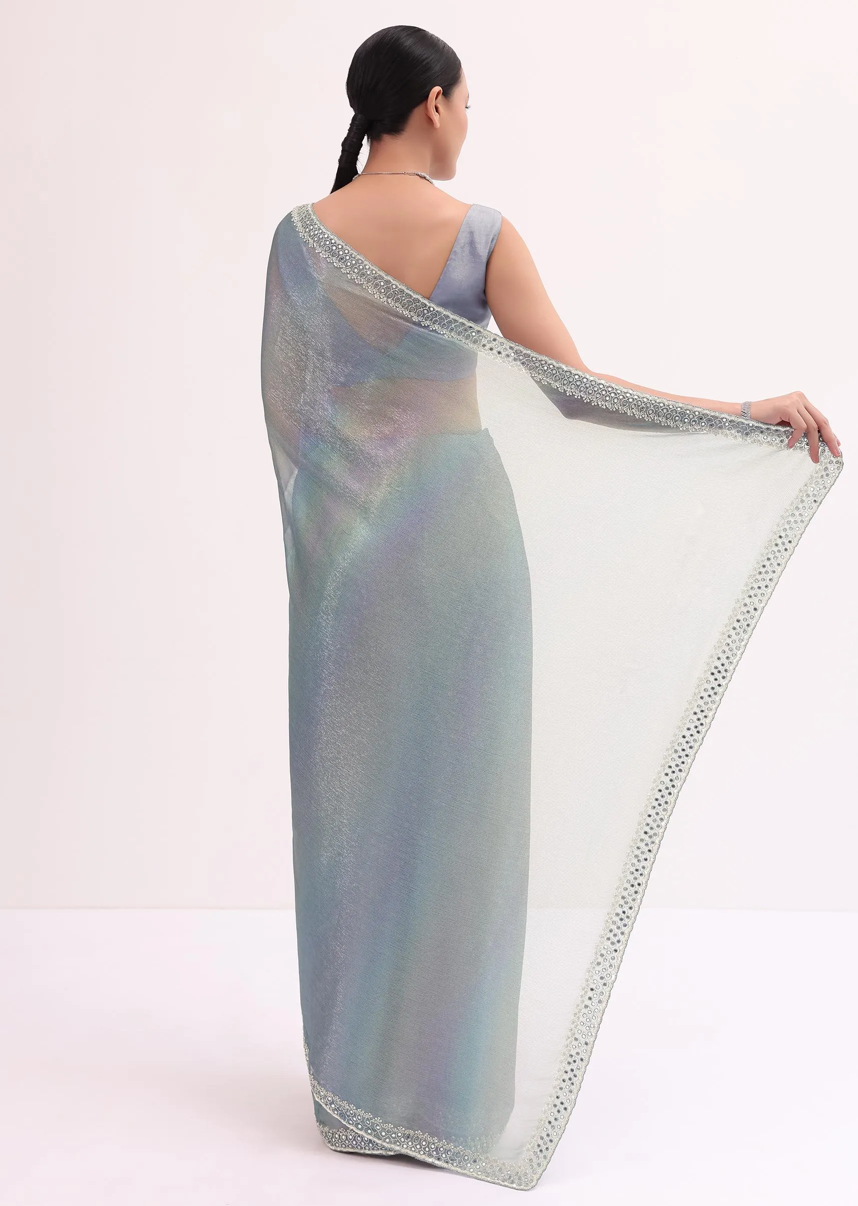 Grey Mirror Embellished Saree WIth Unstitched Blouse