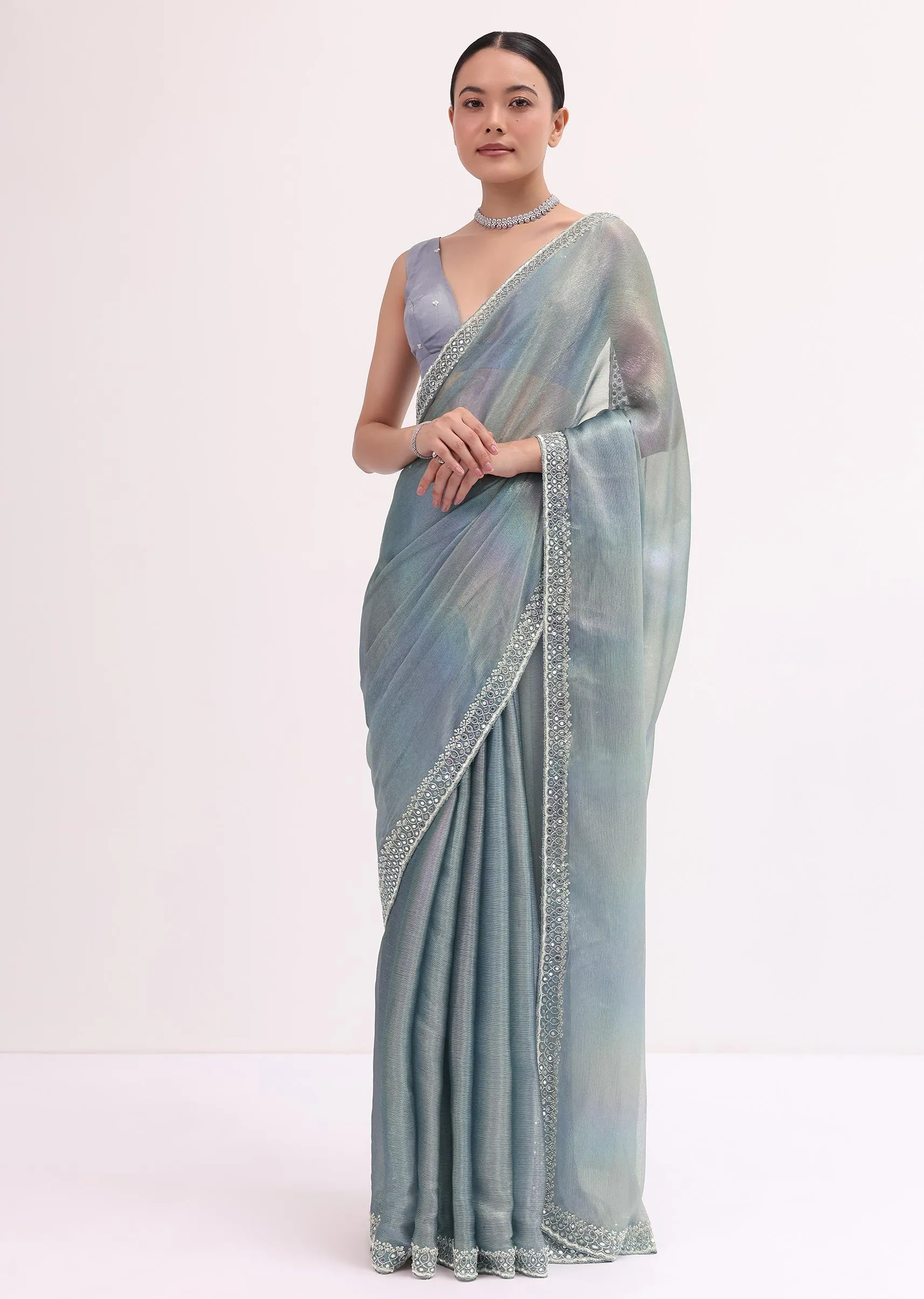 Grey Mirror Embellished Saree WIth Unstitched Blouse