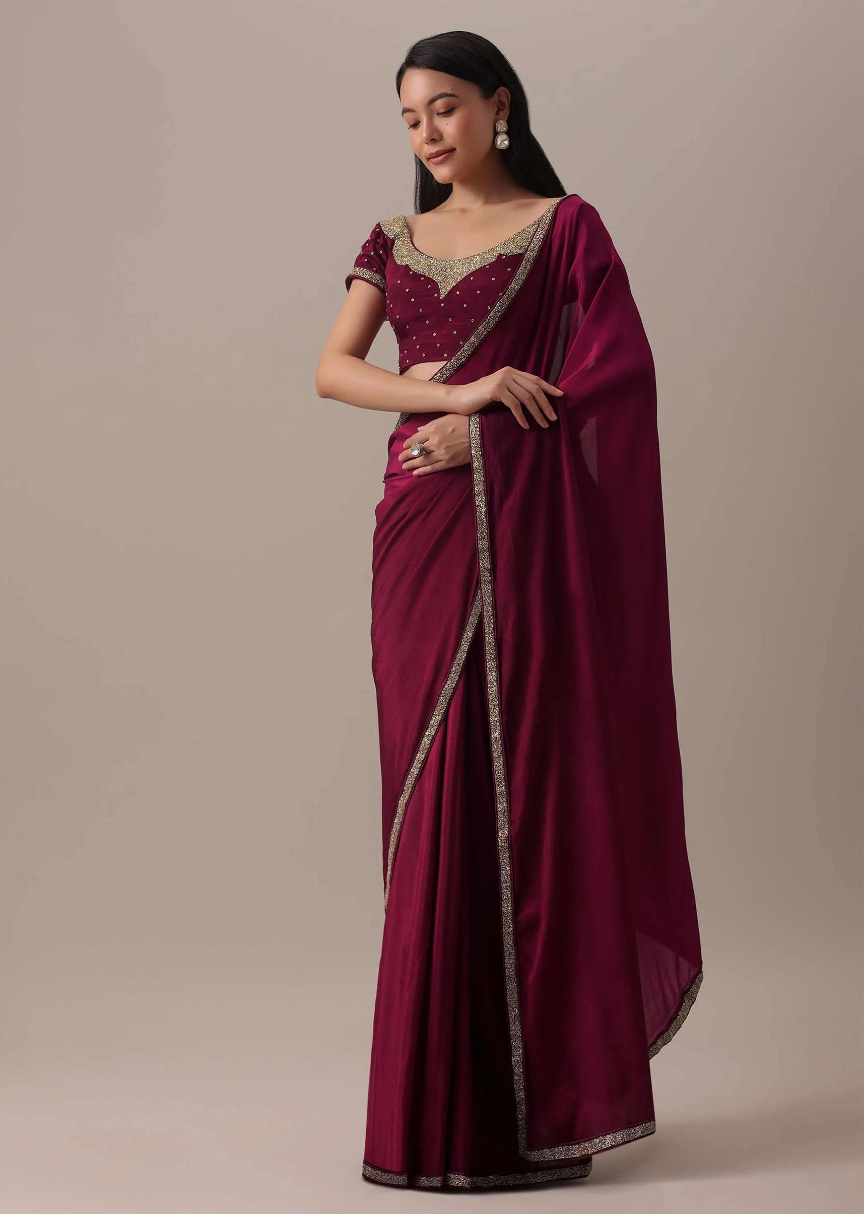 Hot Red Cutdana Embellished Saree In Chiffon