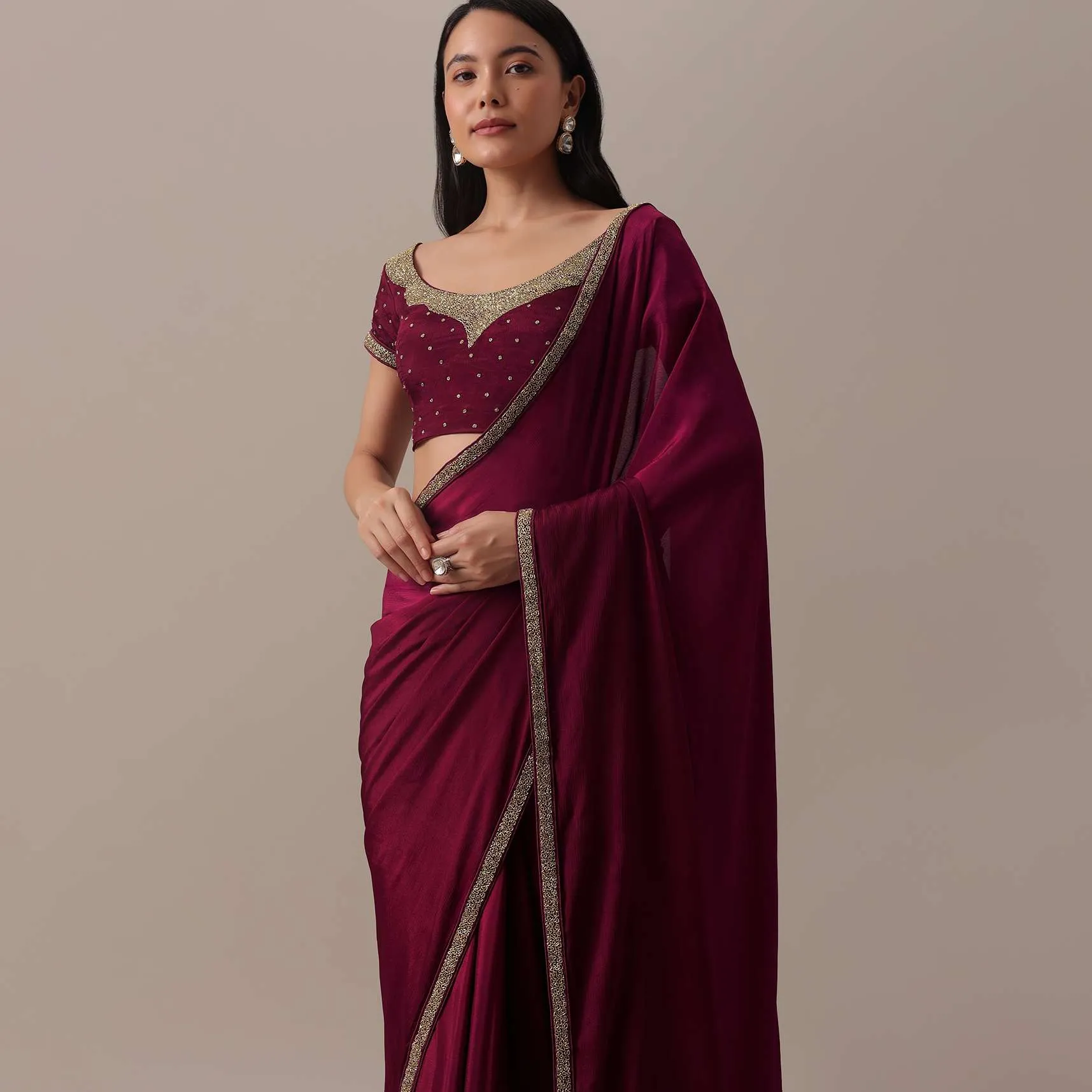 Hot Red Cutdana Embellished Saree In Chiffon