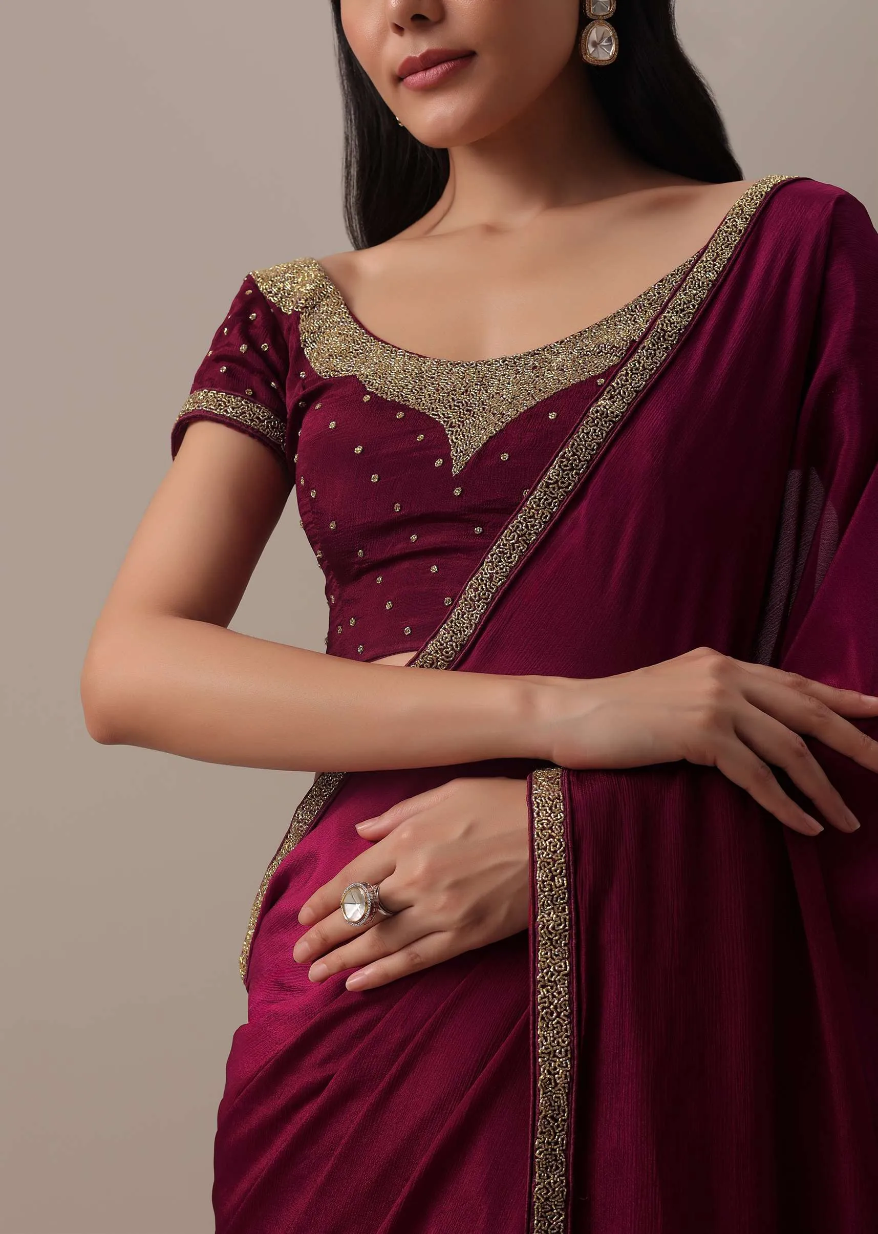 Hot Red Cutdana Embellished Saree In Chiffon