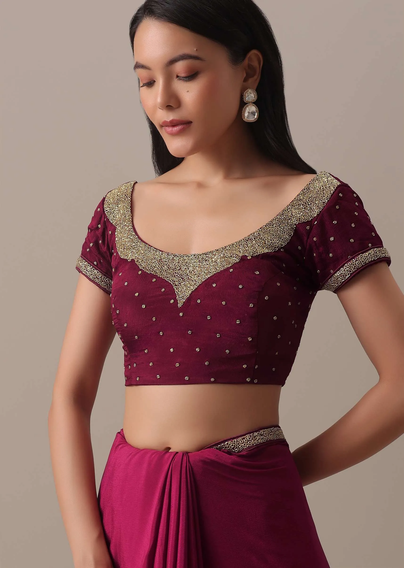 Hot Red Cutdana Embellished Saree In Chiffon