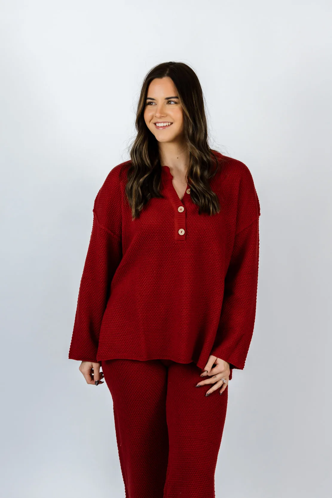 Hudson Henley Knit Sweater & Bottom Set | Wine