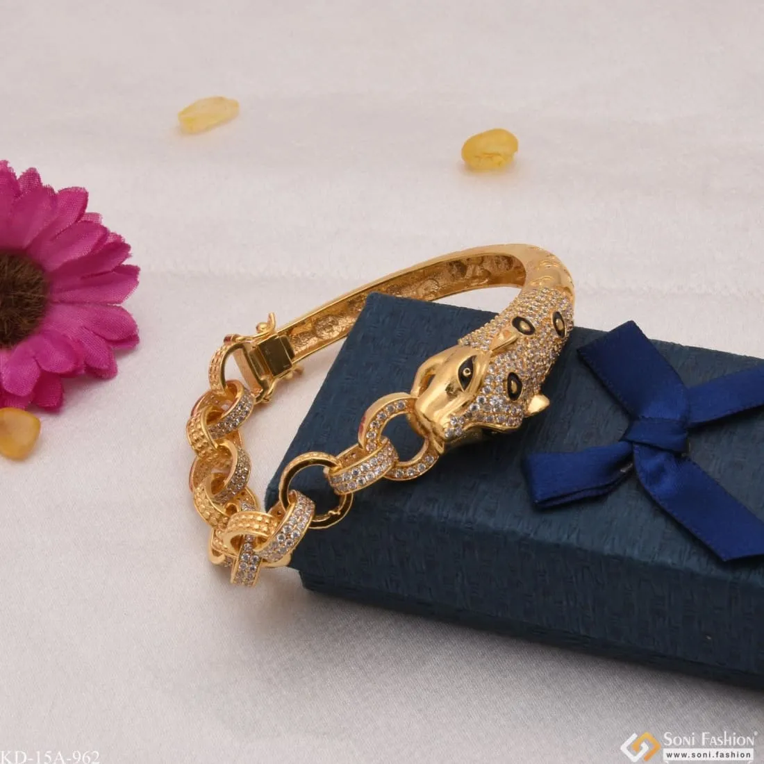 Jaguar with Diamond Sophisticated Design Gold Plated Kada for Men - Style A962