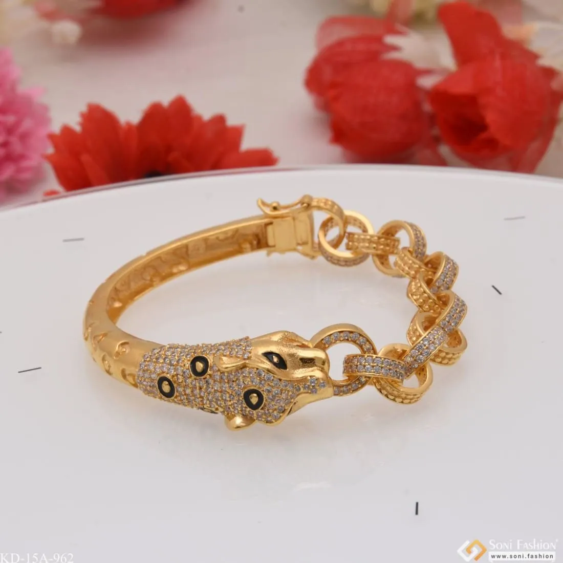 Jaguar with Diamond Sophisticated Design Gold Plated Kada for Men - Style A962