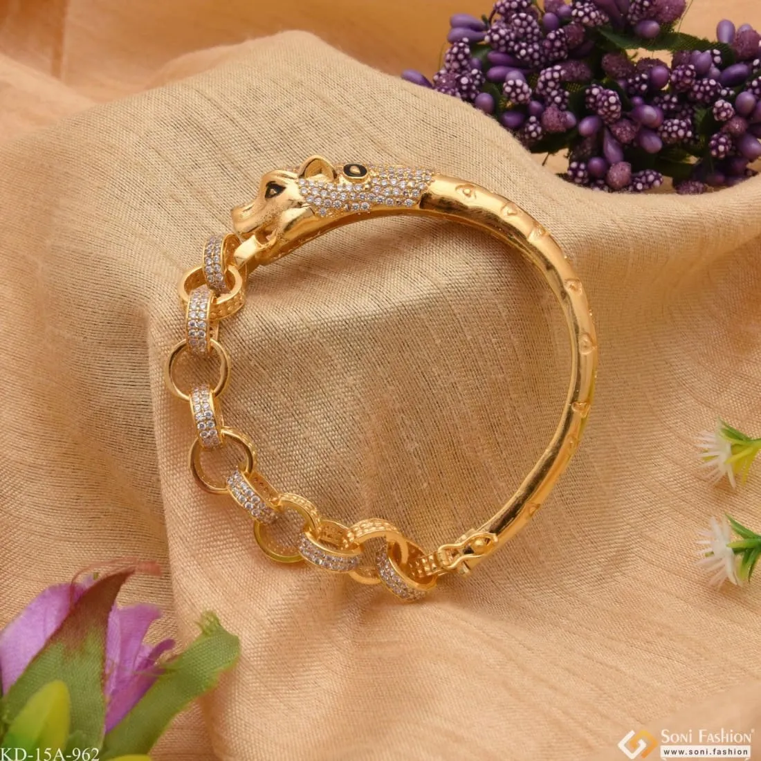 Jaguar with Diamond Sophisticated Design Gold Plated Kada for Men - Style A962