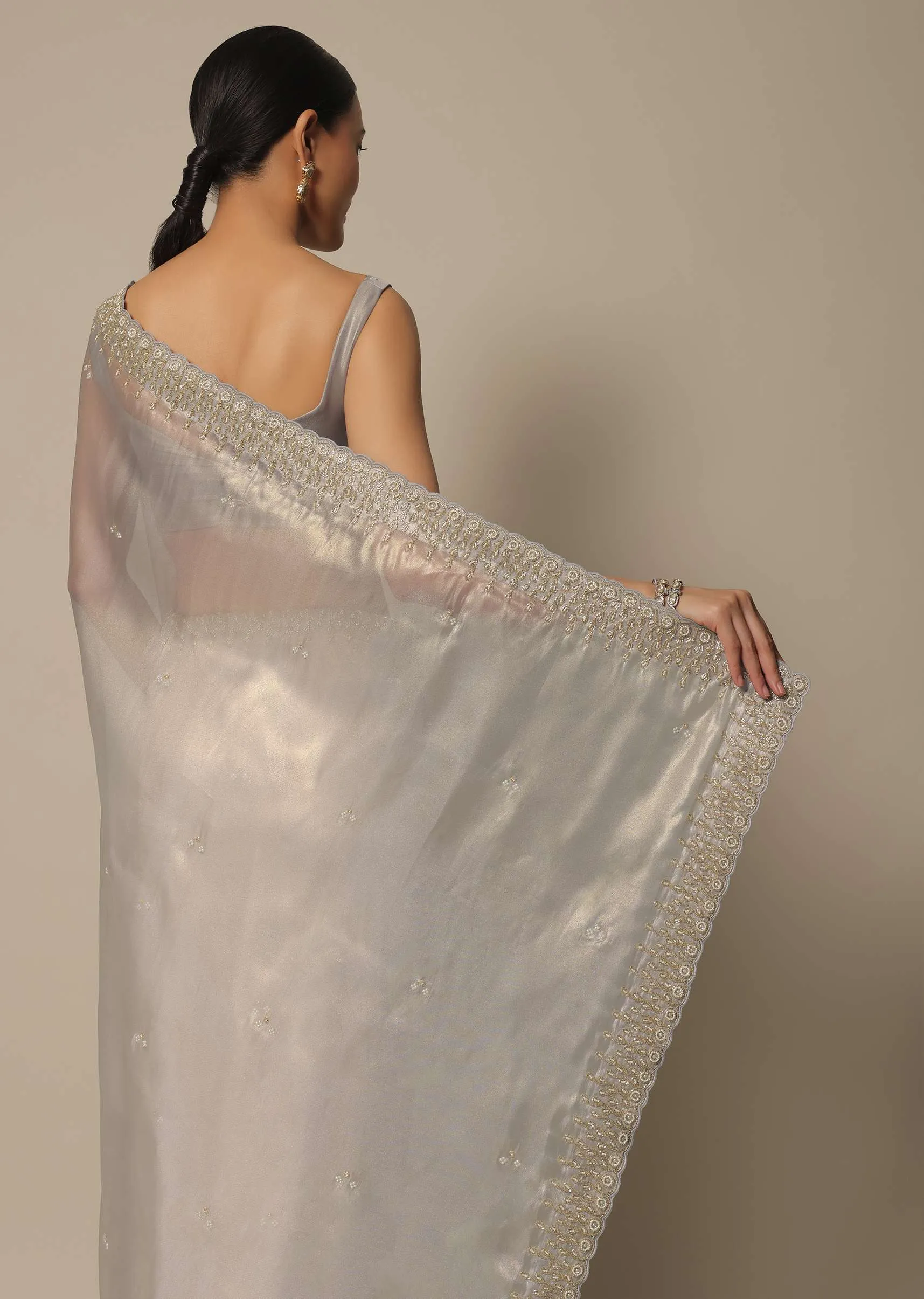 Light Grey Tissue Saree With Bead And Cutdana Work And Unstitched Blouse Piece
