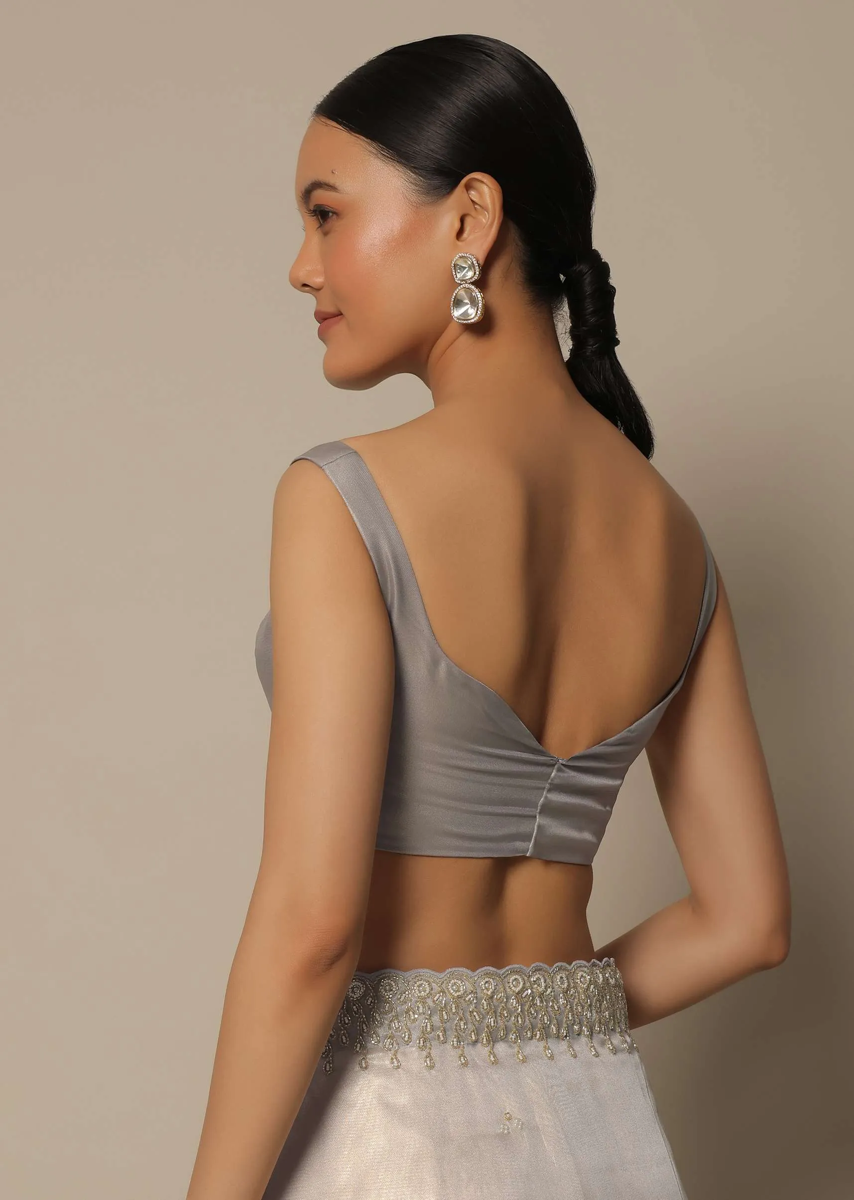 Light Grey Tissue Saree With Bead And Cutdana Work And Unstitched Blouse Piece