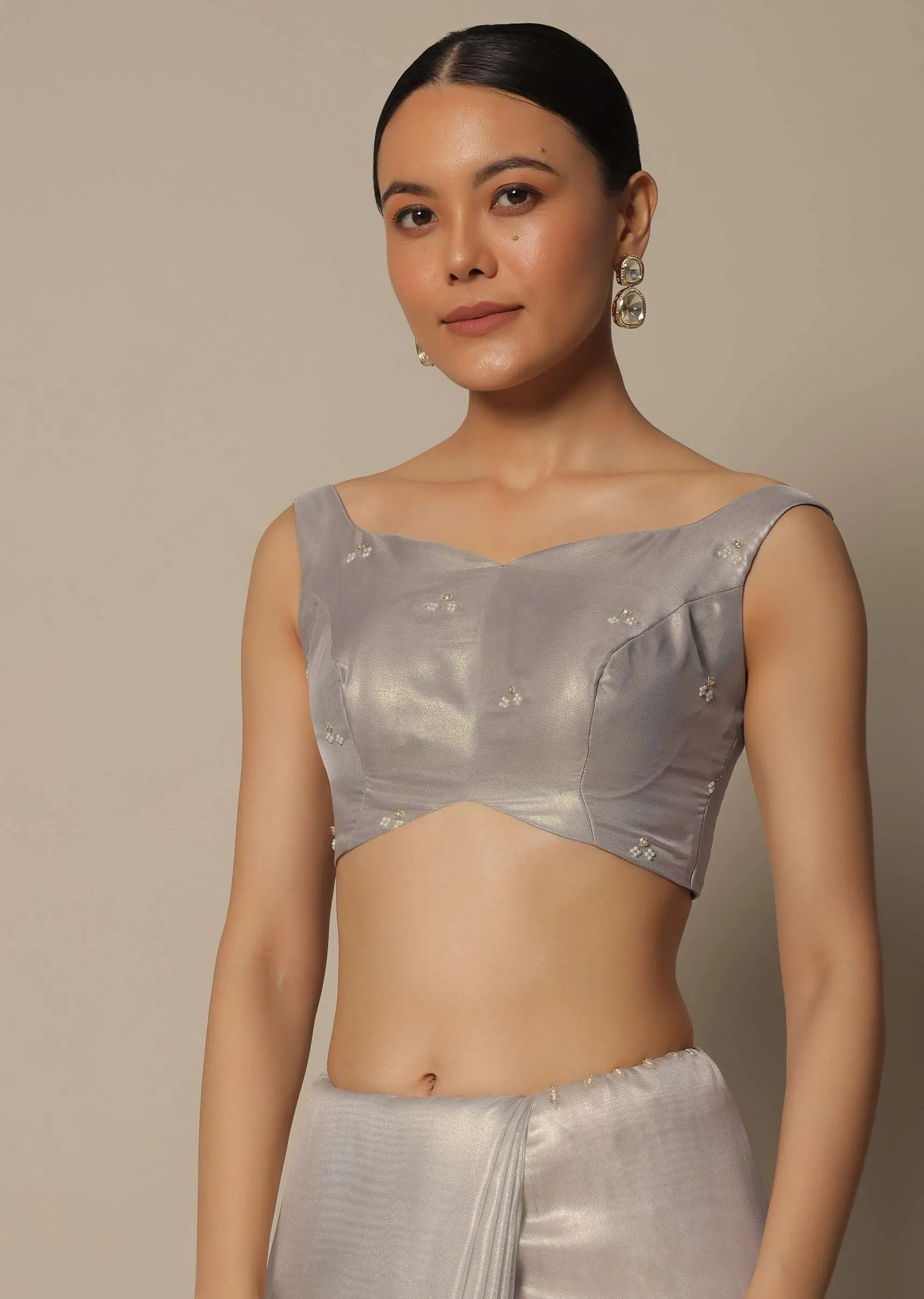 Light Grey Tissue Saree With Bead And Cutdana Work And Unstitched Blouse Piece