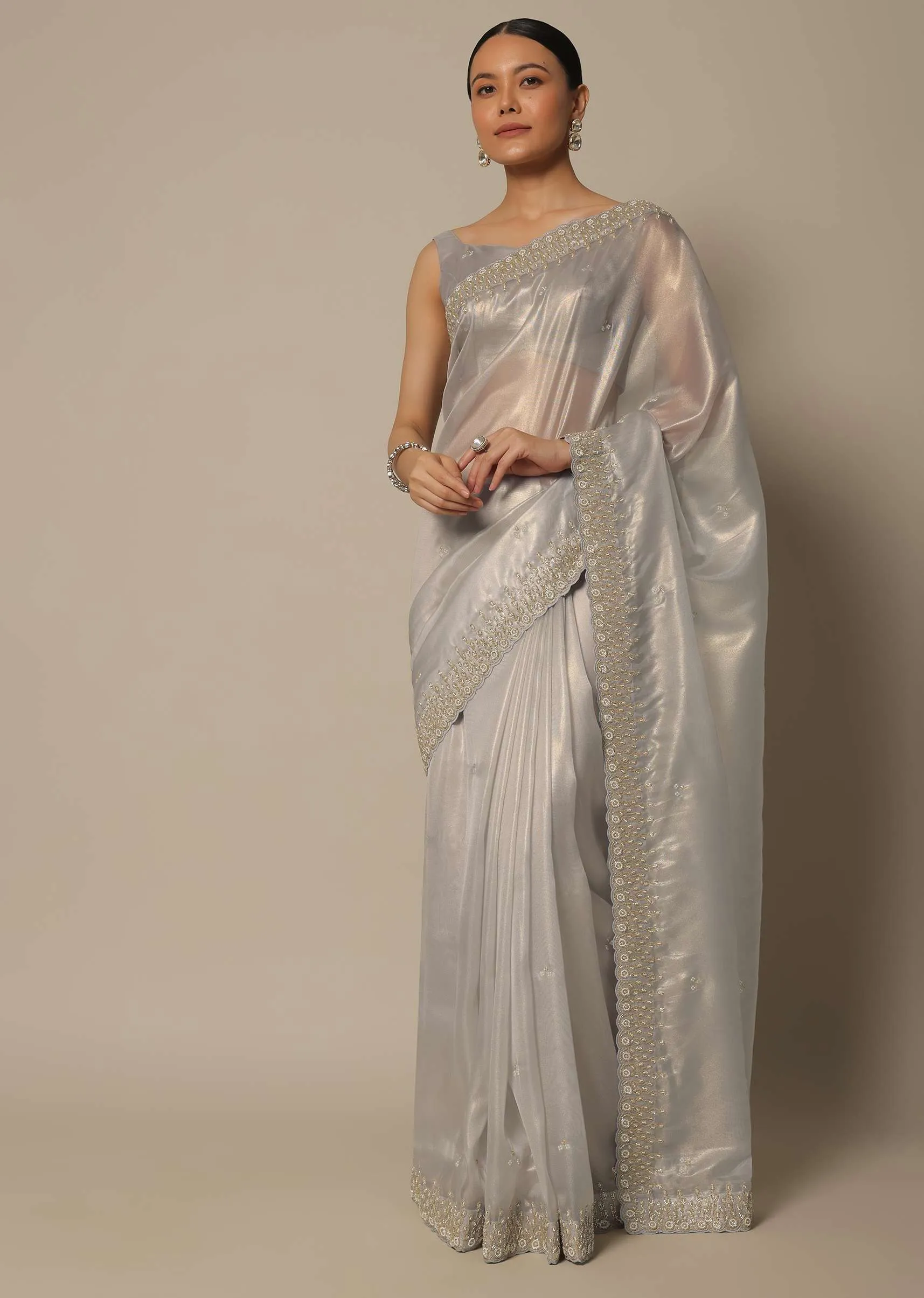 Light Grey Tissue Saree With Bead And Cutdana Work And Unstitched Blouse Piece