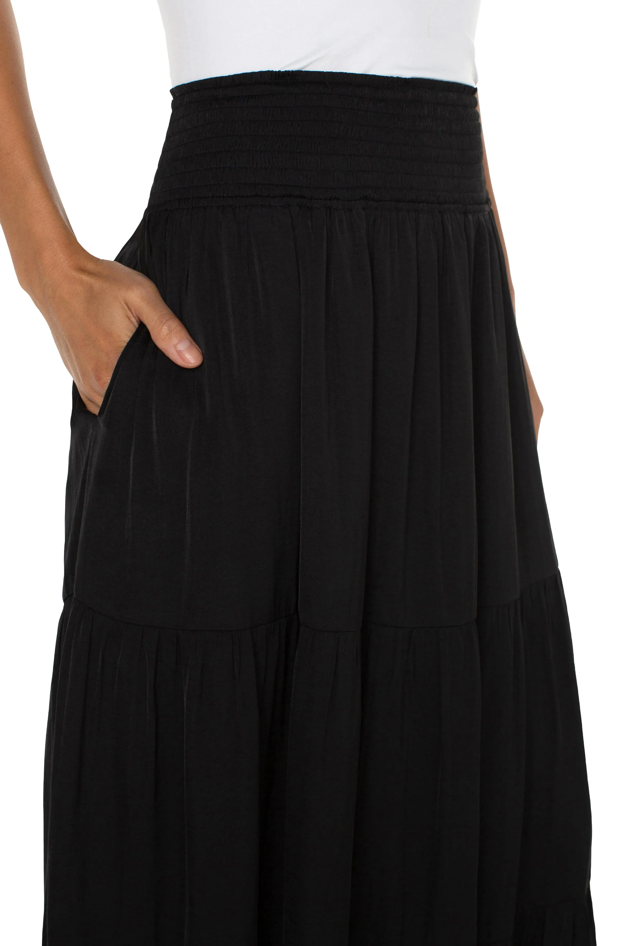 Liverpool Tiered Woven Maxi Skirt with Smocked Waist (Black)