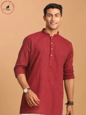 Maroon Striped Cotton Men's Short Kurta