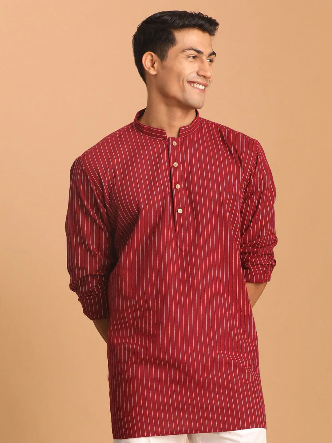 Maroon Striped Cotton Men's Short Kurta