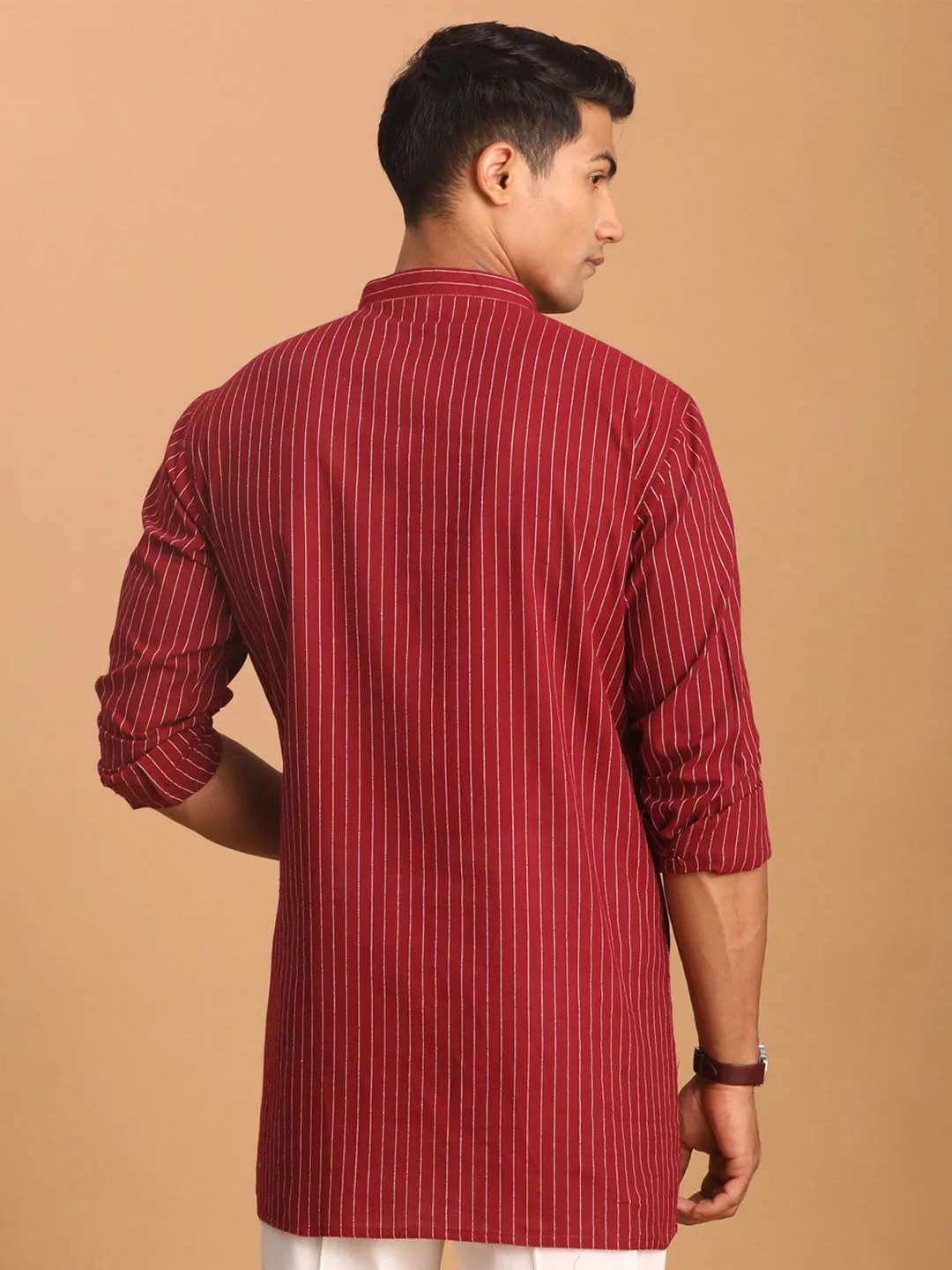 Maroon Striped Cotton Men's Short Kurta