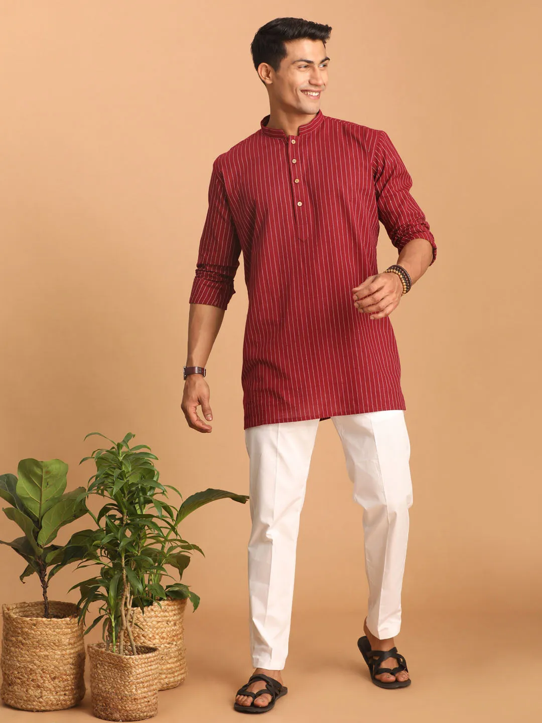 Maroon Striped Cotton Men's Short Kurta