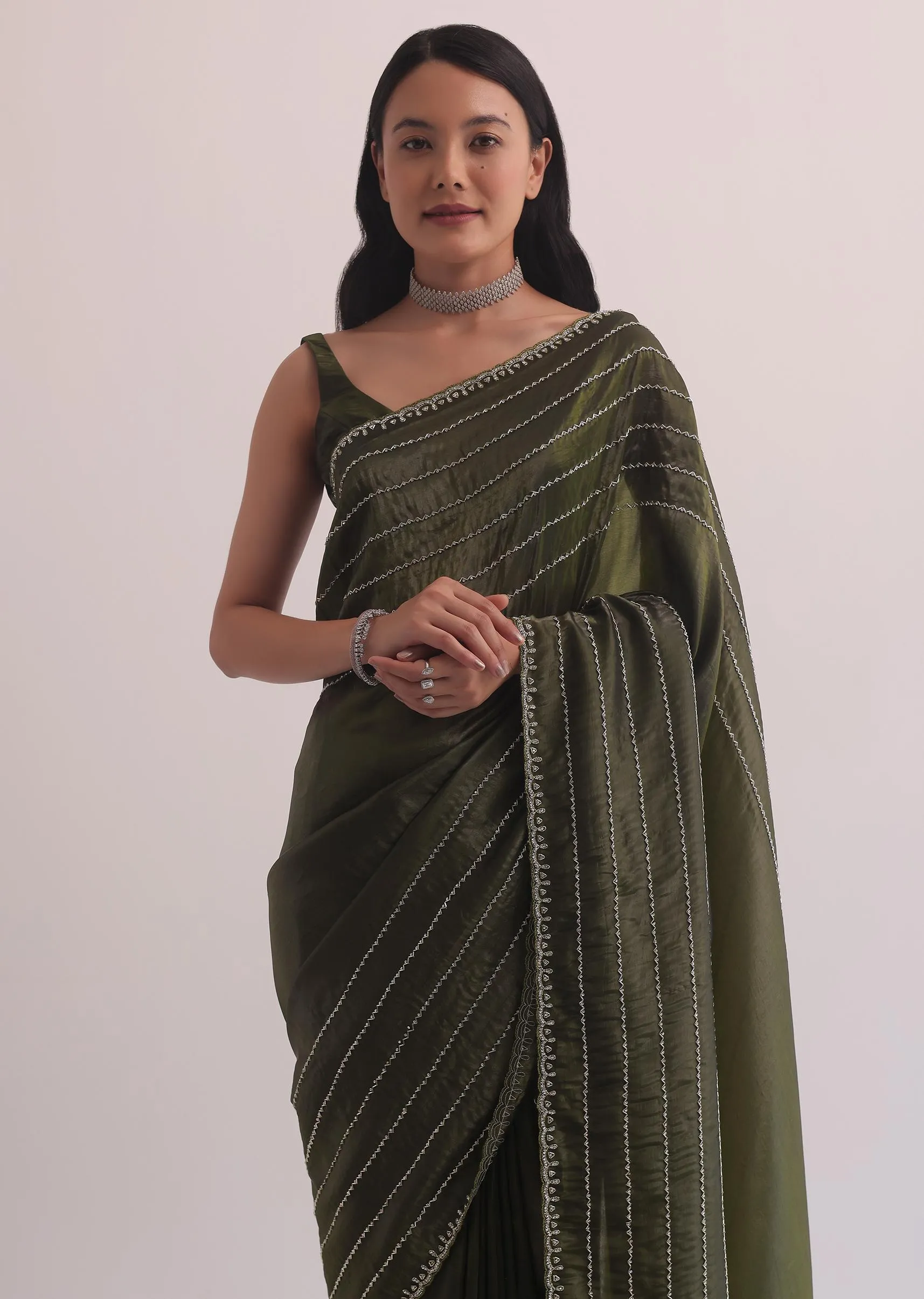 Mehendi Green Crush Tissue Saree With Cut Dana Embroidery