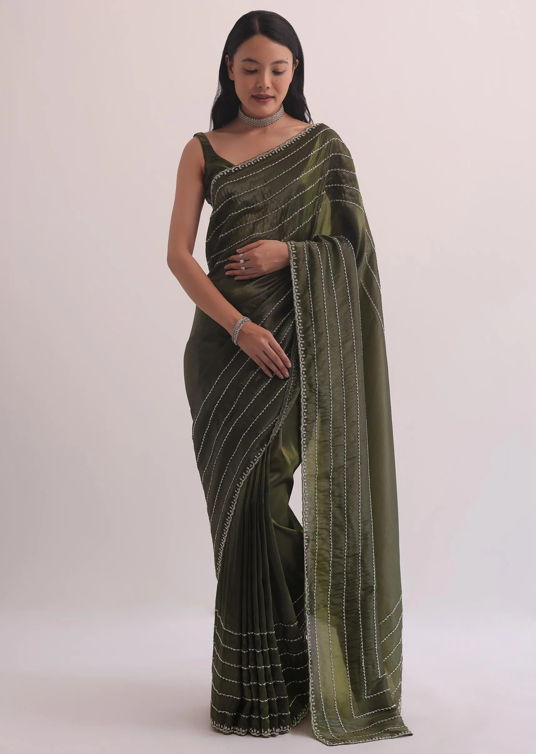 Mehendi Green Crush Tissue Saree With Cut Dana Embroidery