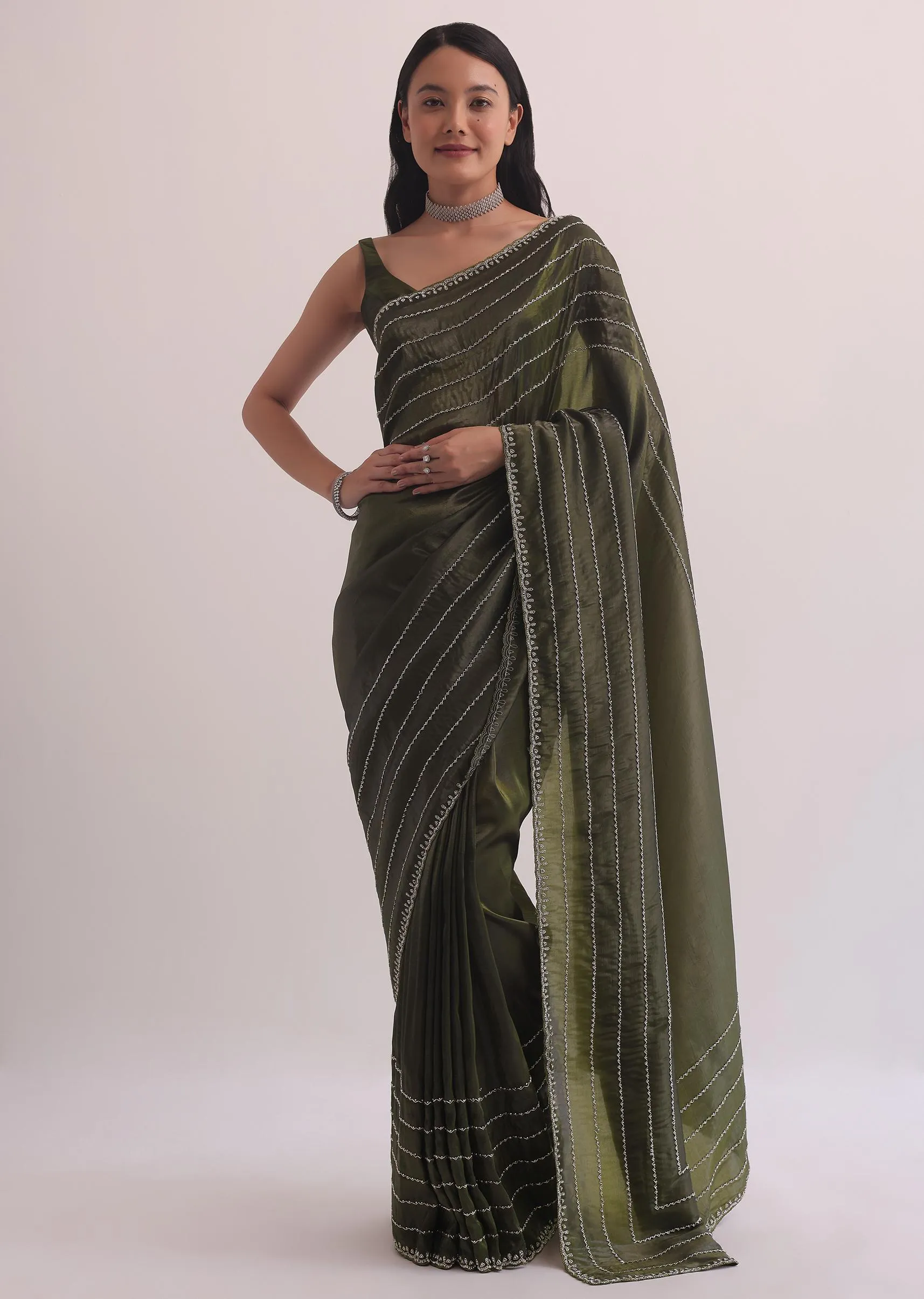 Mehendi Green Crush Tissue Saree With Cut Dana Embroidery