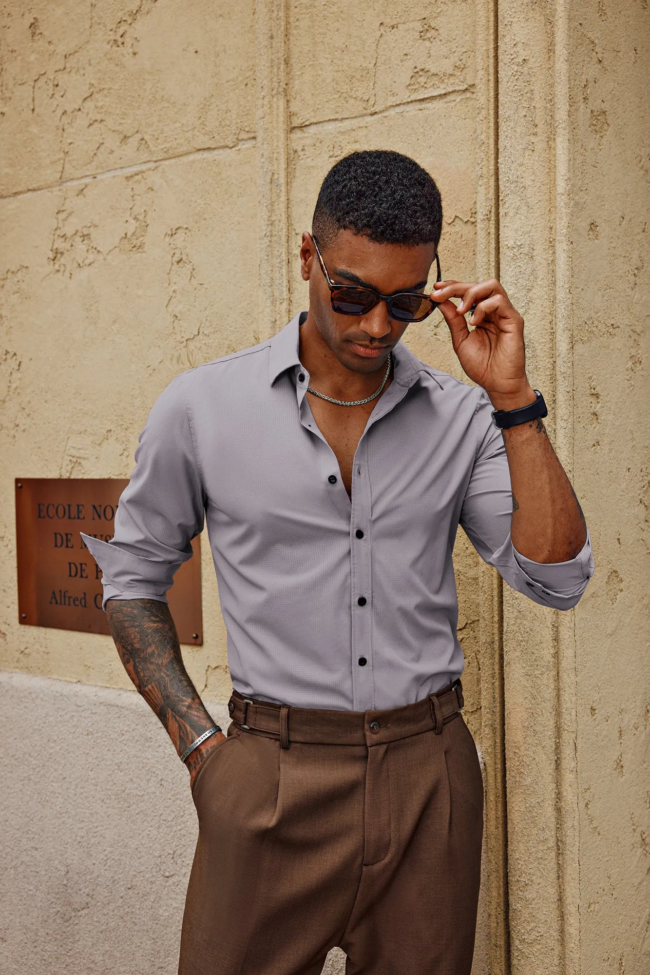 Men Stylish Shirt Long Sleeve Classic Collar Curved Hem Button-up Tops