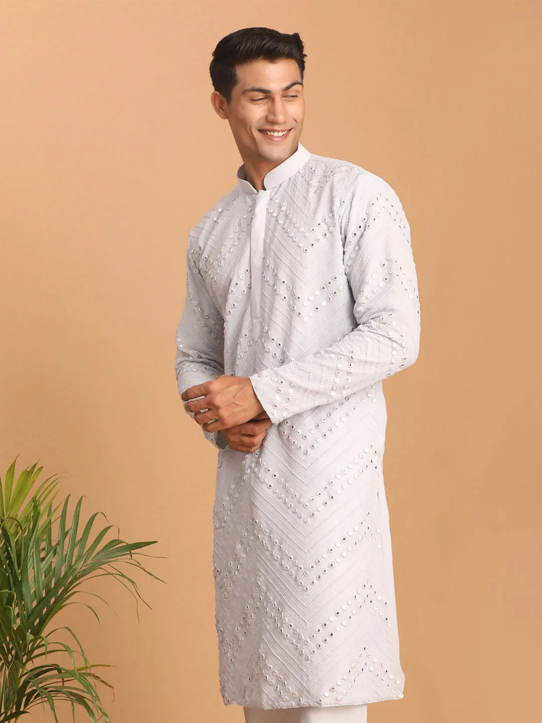 Men's Aqua Blue Mirror Work Kurta - VASTRAMAY