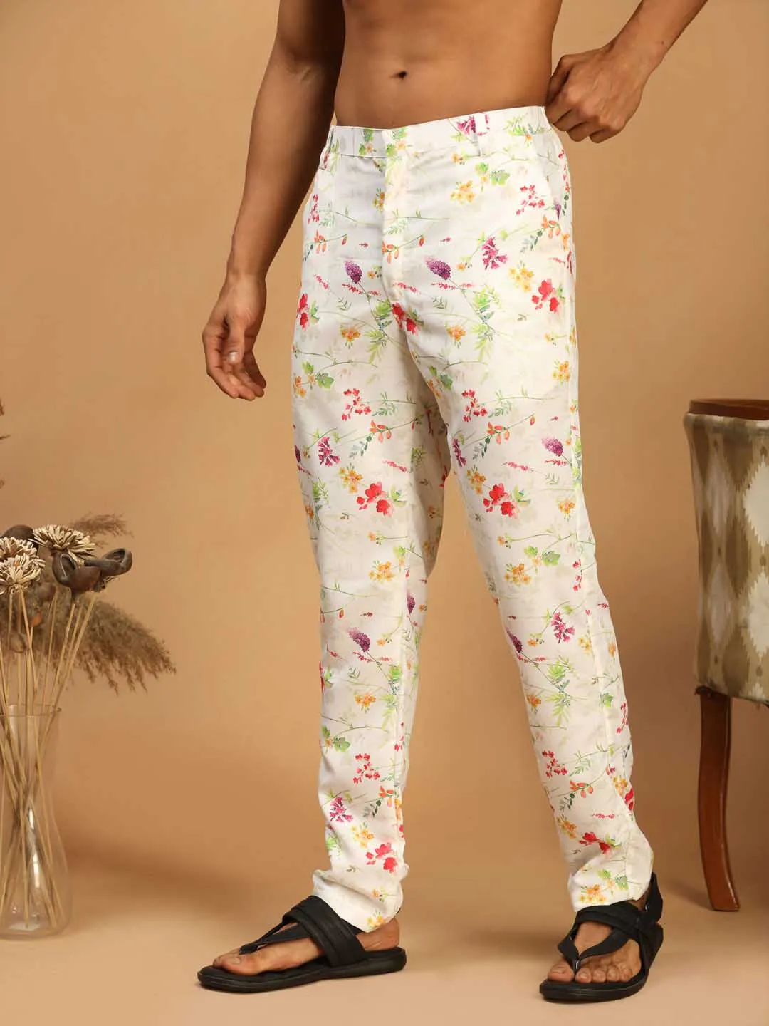 Men's Cream Multi-Color Rayon Pyjama