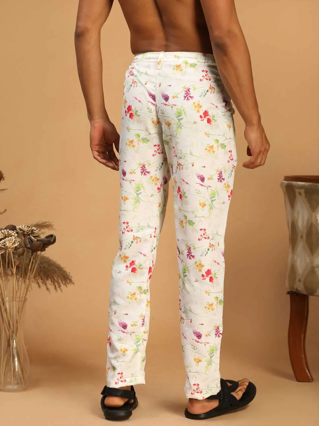 Men's Cream Multi-Color Rayon Pyjama