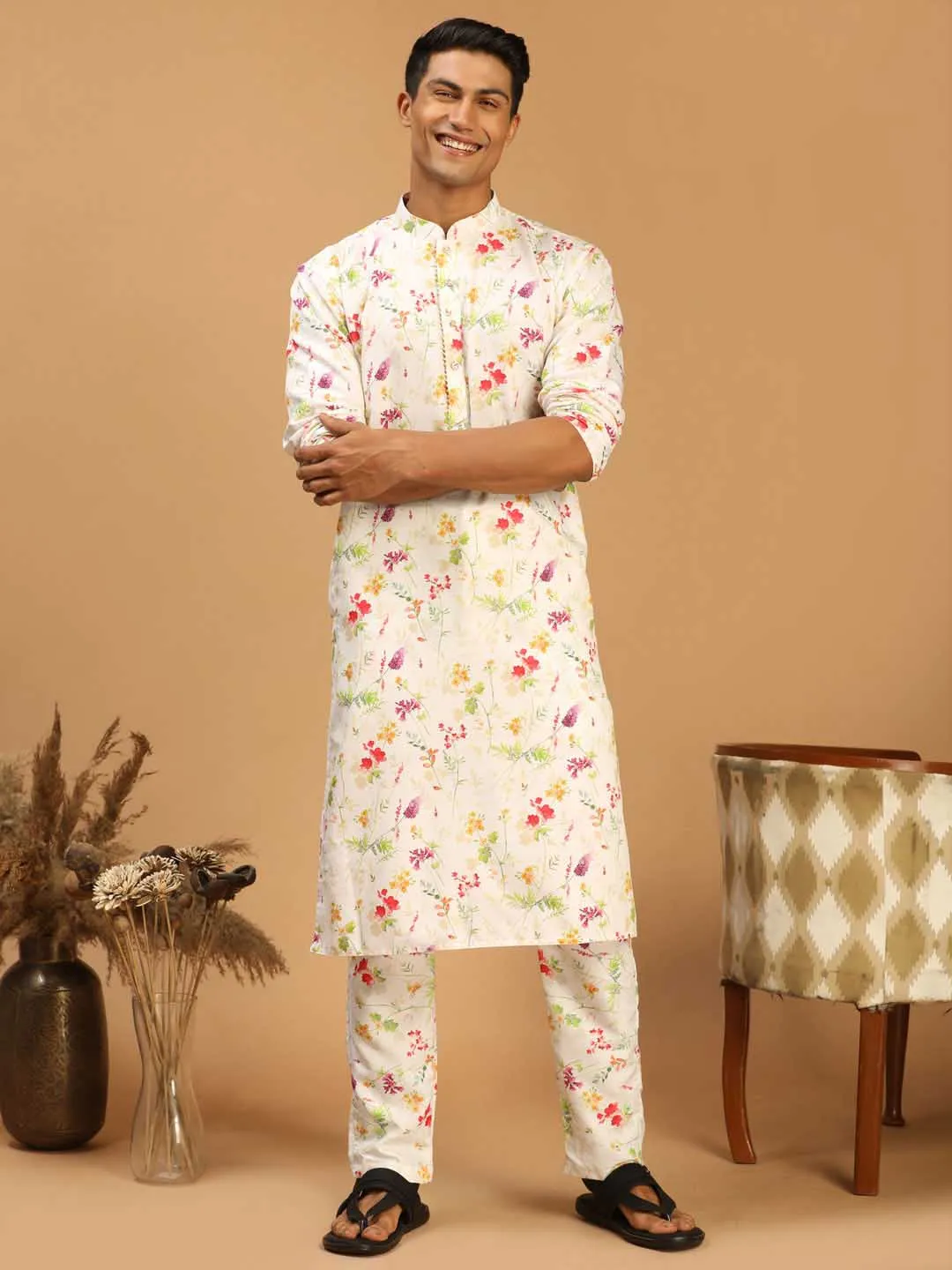 Men's Cream Multi-Color Rayon Pyjama