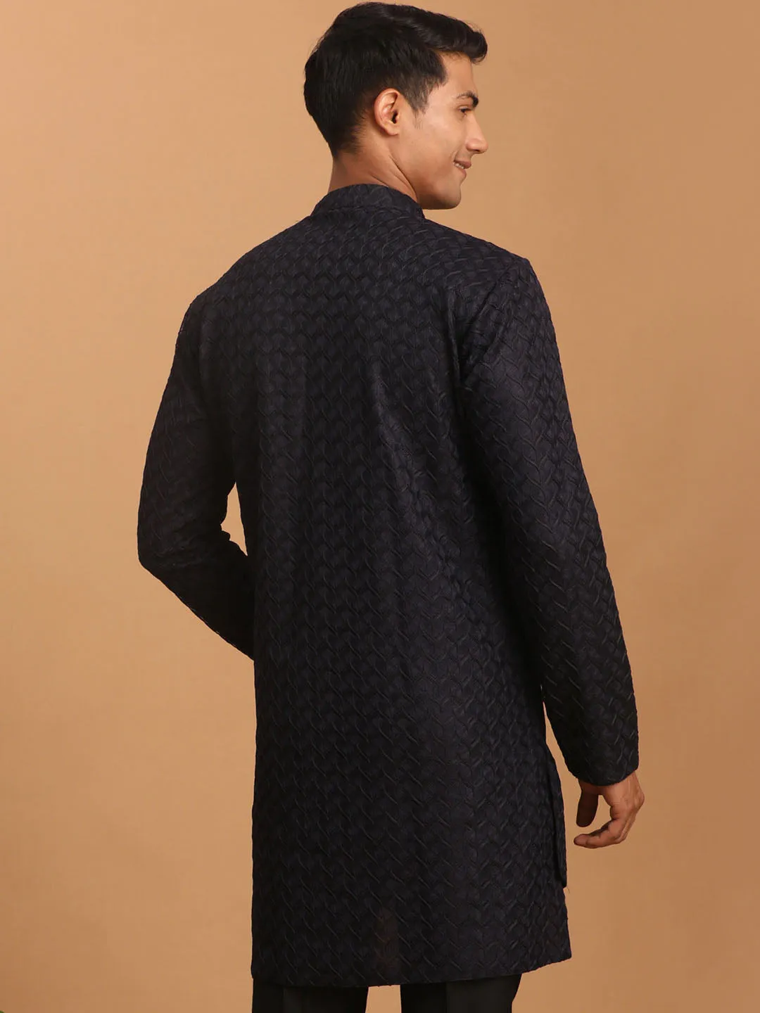 Men's Navy Blue Silk Blend Kurta by VASTRAMAY