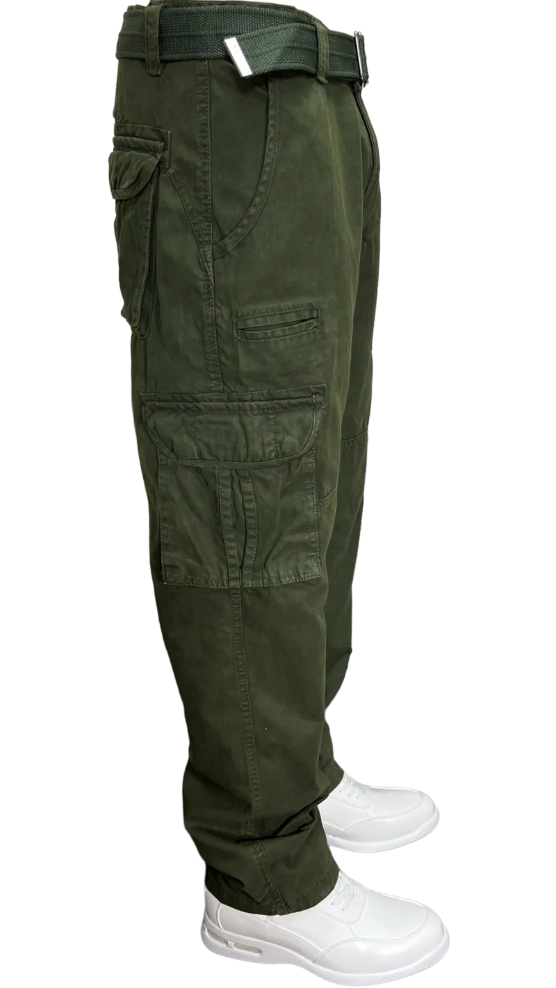 Men's Olive Cargo Jeans 6 Pockets Loos-Fit Military Style