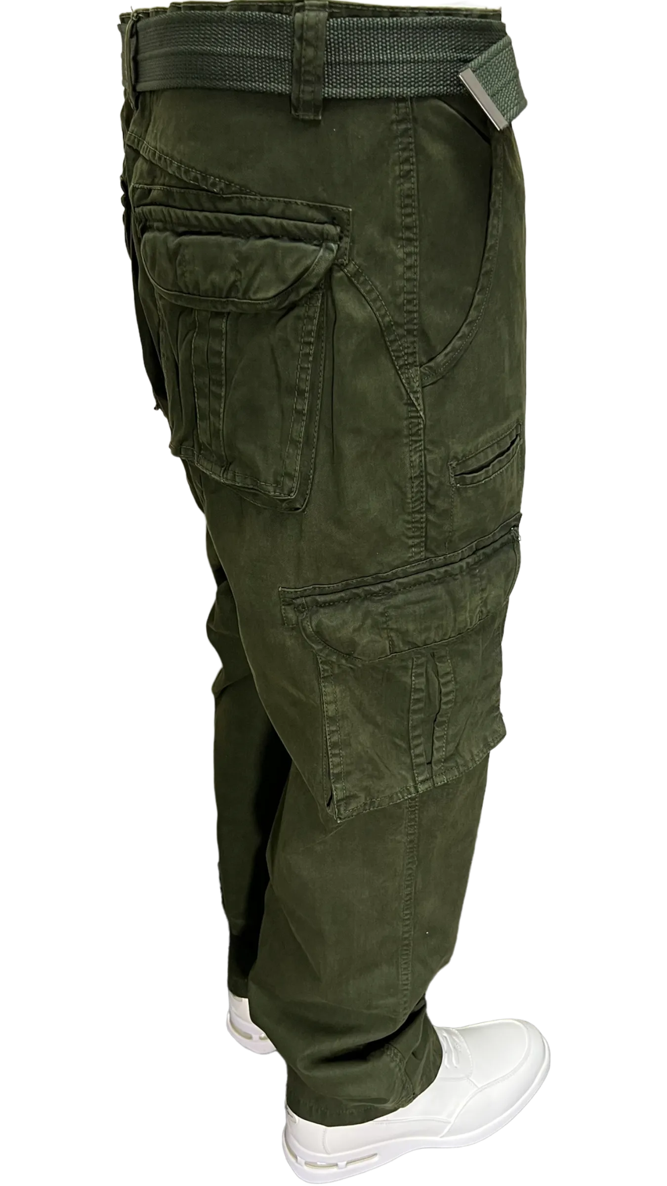 Men's Olive Cargo Jeans 6 Pockets Loos-Fit Military Style