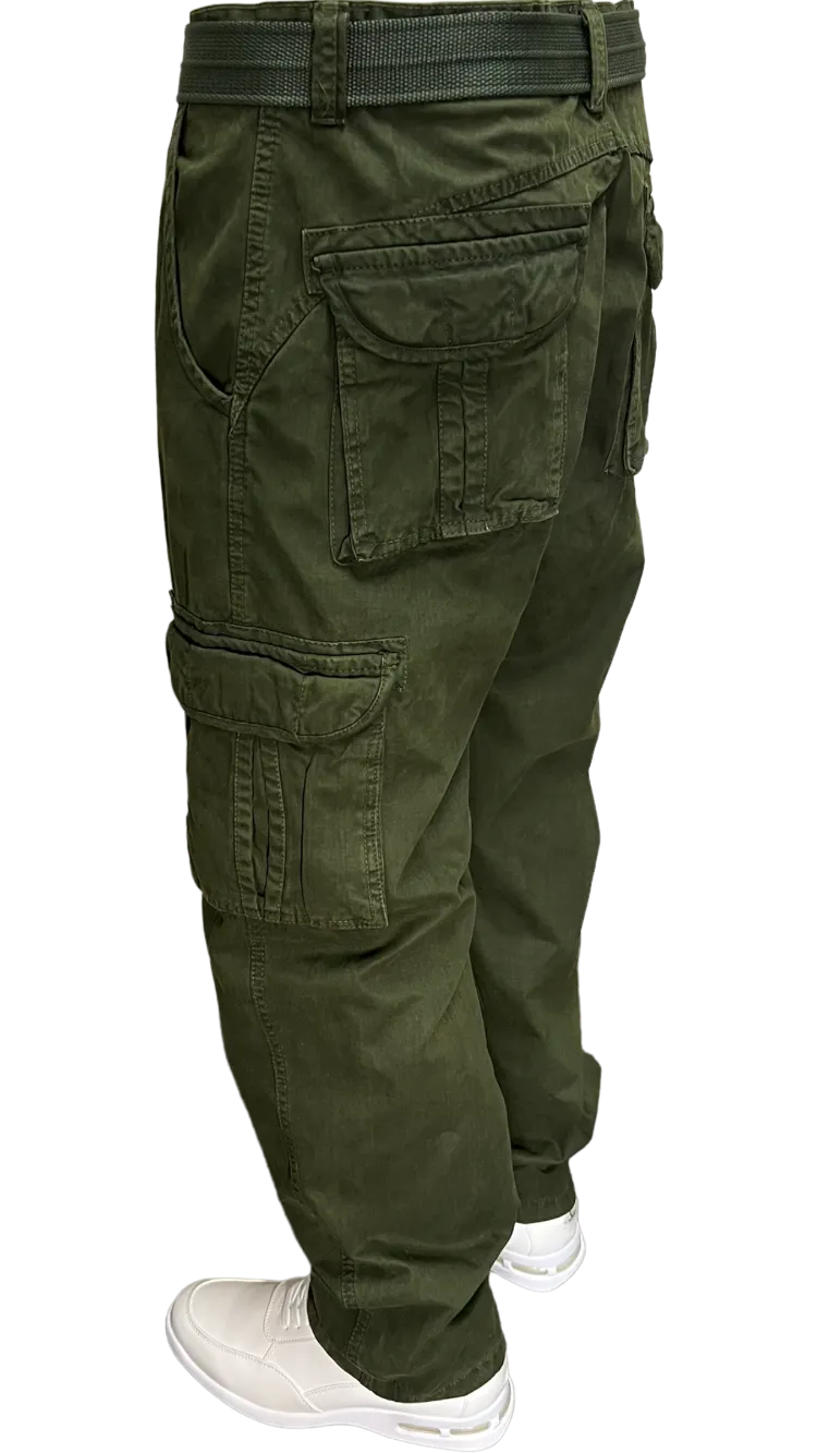 Men's Olive Cargo Jeans 6 Pockets Loos-Fit Military Style