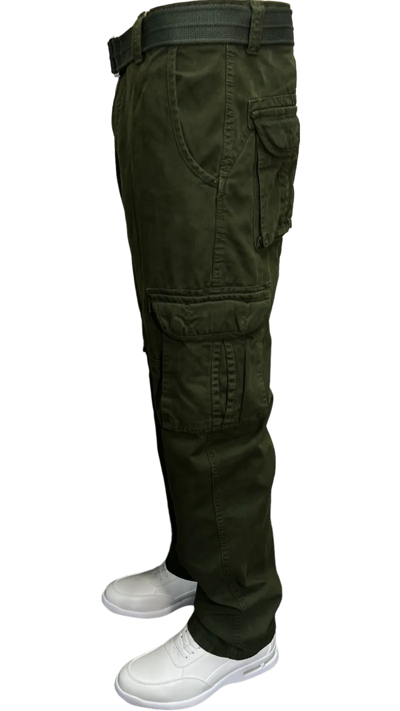 Men's Olive Cargo Jeans 6 Pockets Loos-Fit Military Style