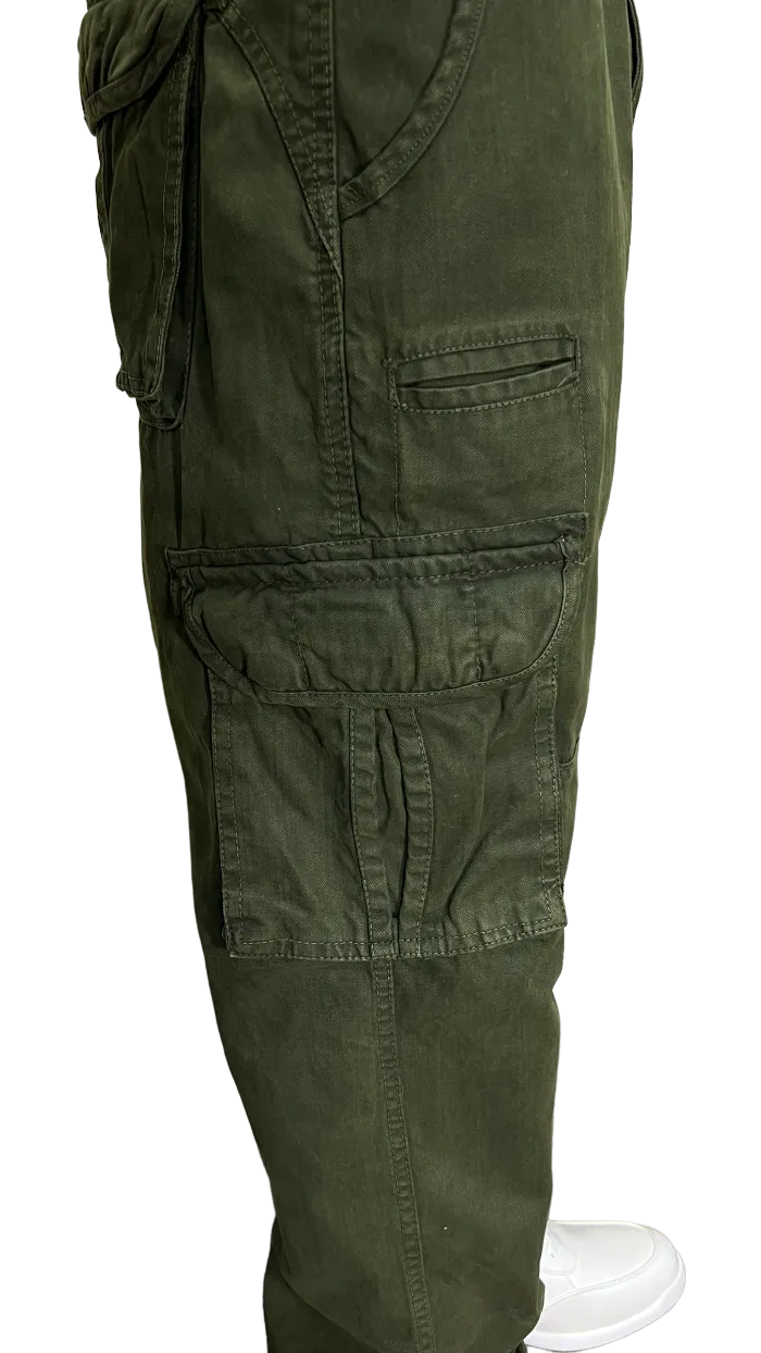 Men's Olive Cargo Jeans 6 Pockets Loos-Fit Military Style