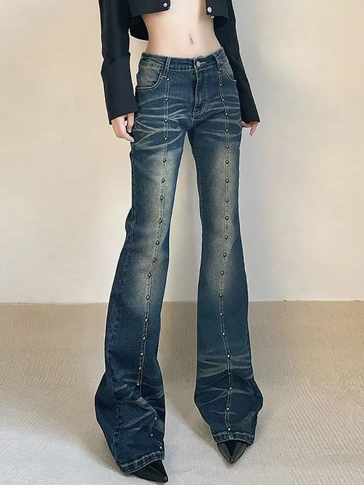 Mid Rise Washed Studded Flared Jeans