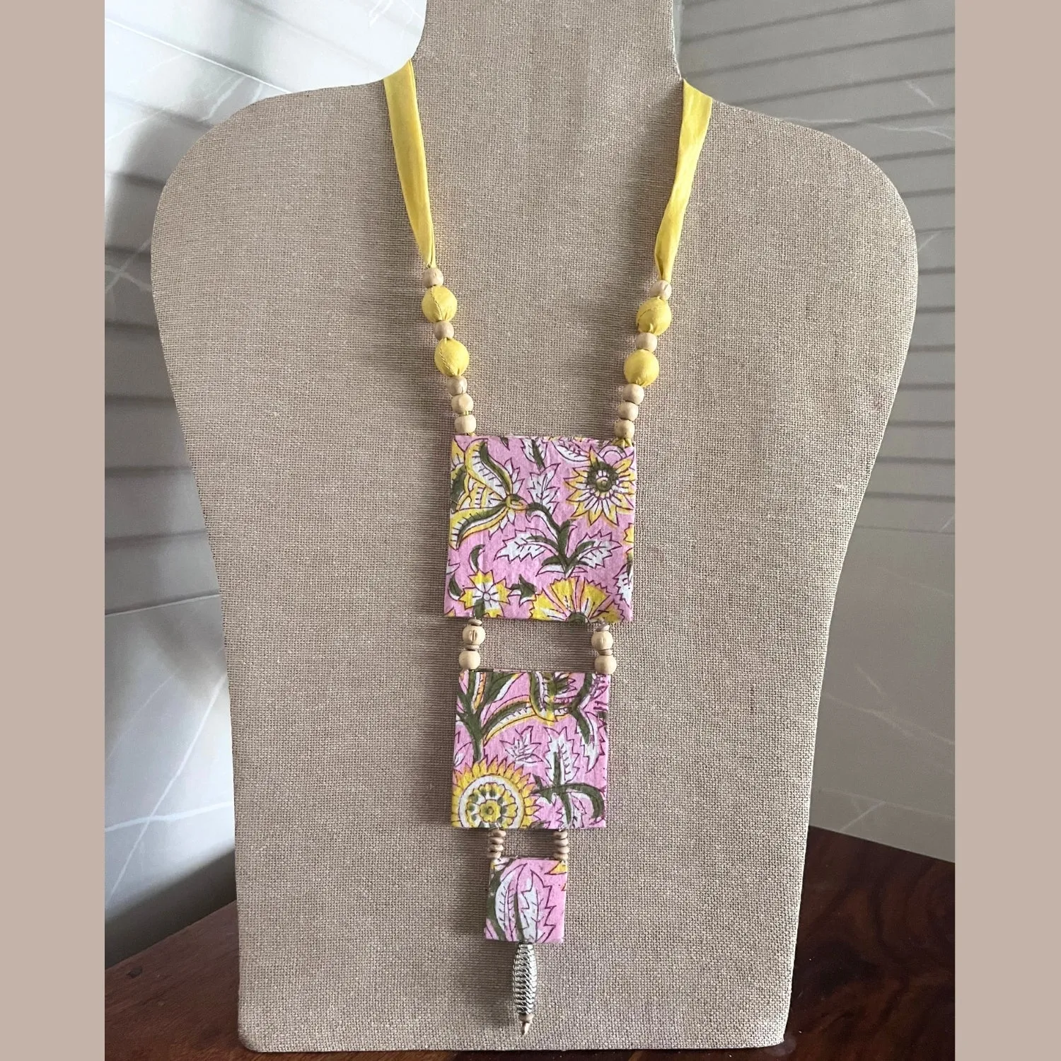Pink And Yellow Necklace | Drop Down Design | Fabric Jewelry | Sophisticated Look