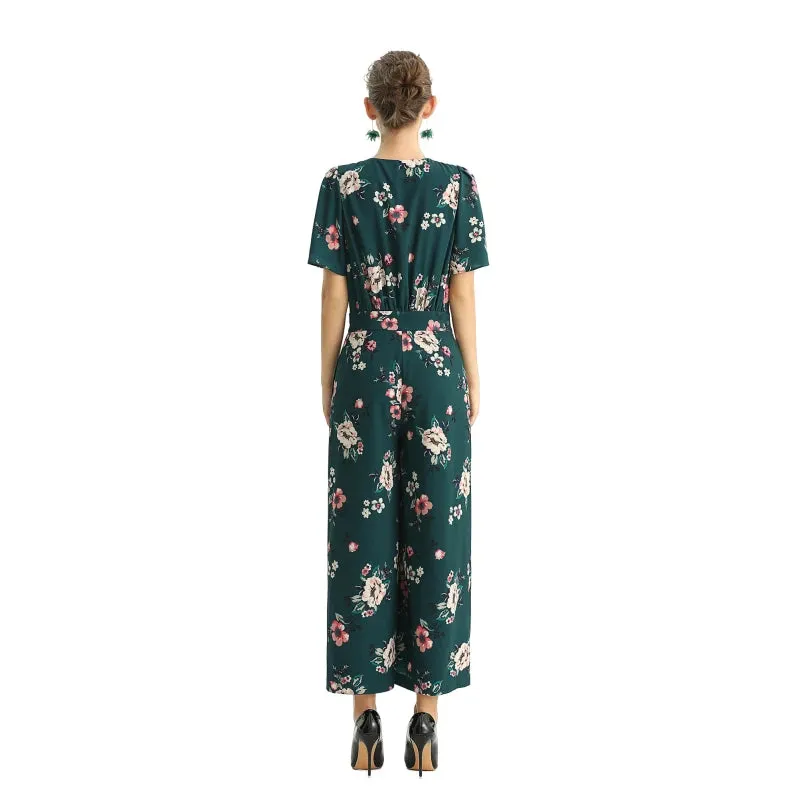 R160 Women floral print short puff sleeves jumpsuit
