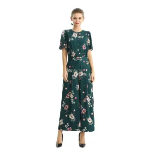 R160 Women floral print short puff sleeves jumpsuit